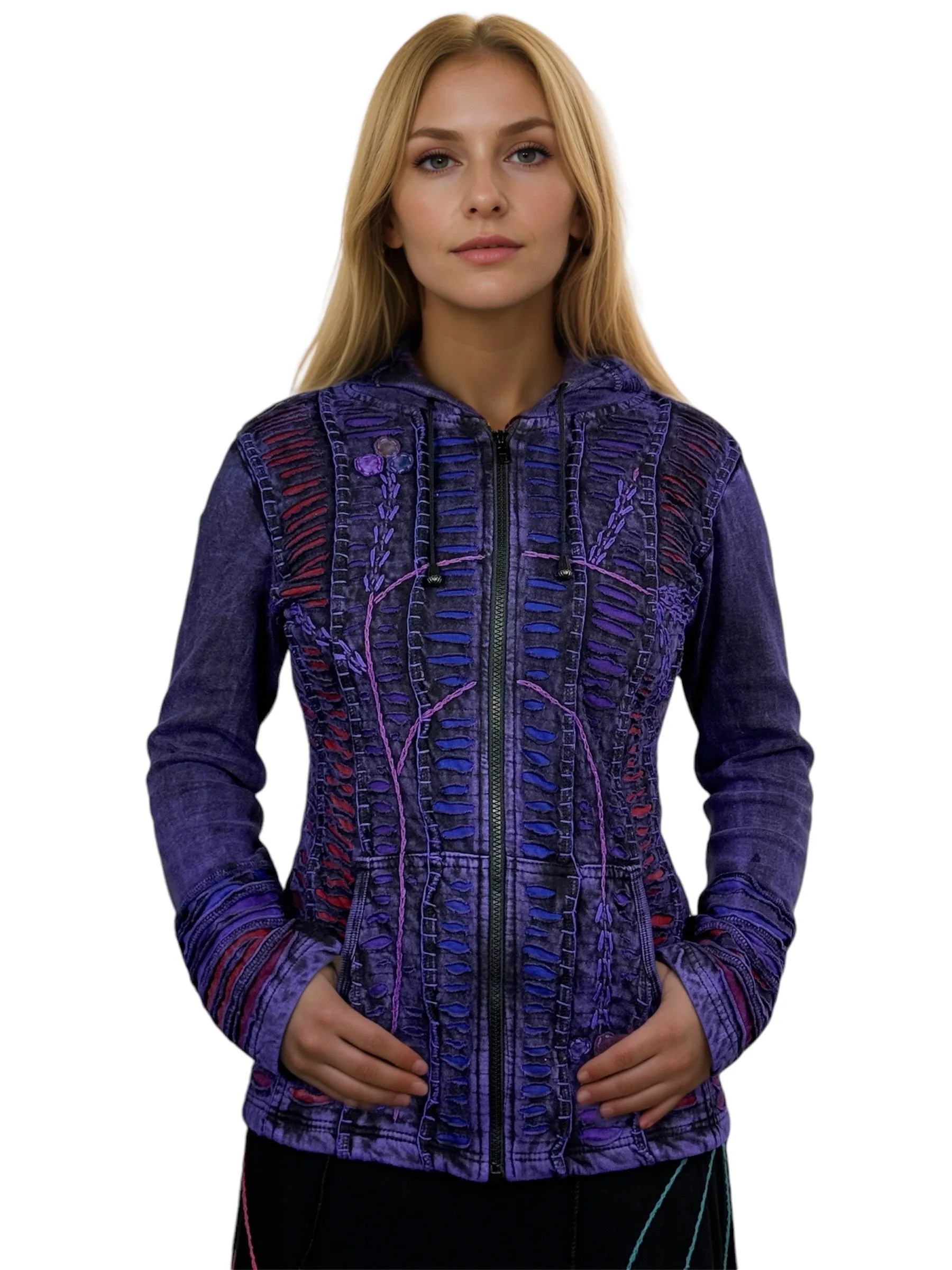 51 RJ Purple Distressed Bohemian Razor  Embroidered Hoodie Sweatshirt Rib Jacket