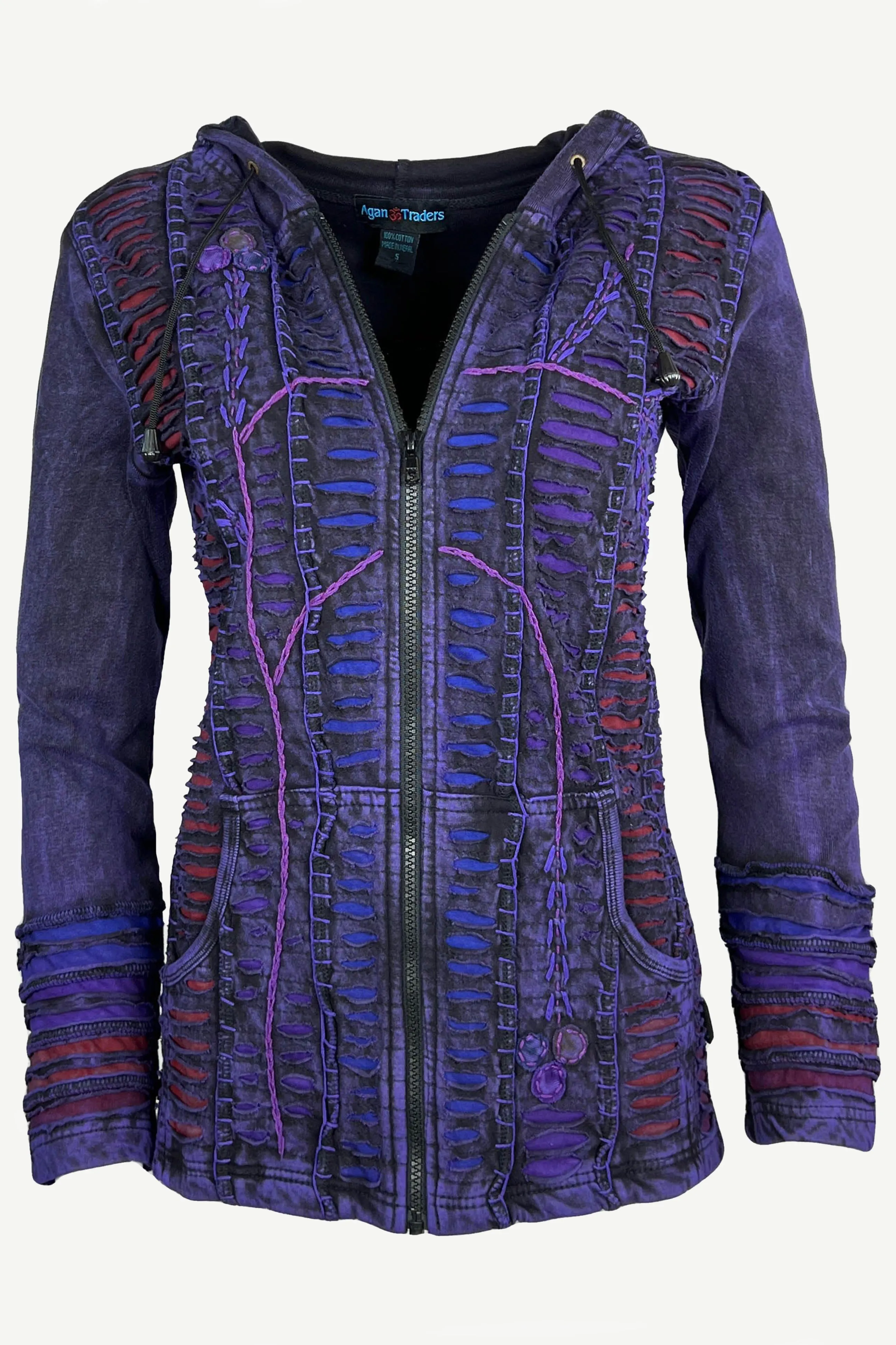 51 RJ Purple Distressed Bohemian Razor  Embroidered Hoodie Sweatshirt Rib Jacket