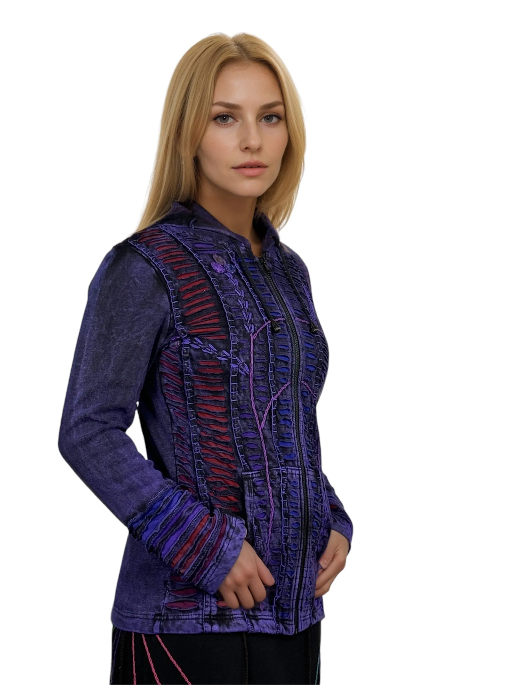 51 RJ Purple Distressed Bohemian Razor  Embroidered Hoodie Sweatshirt Rib Jacket