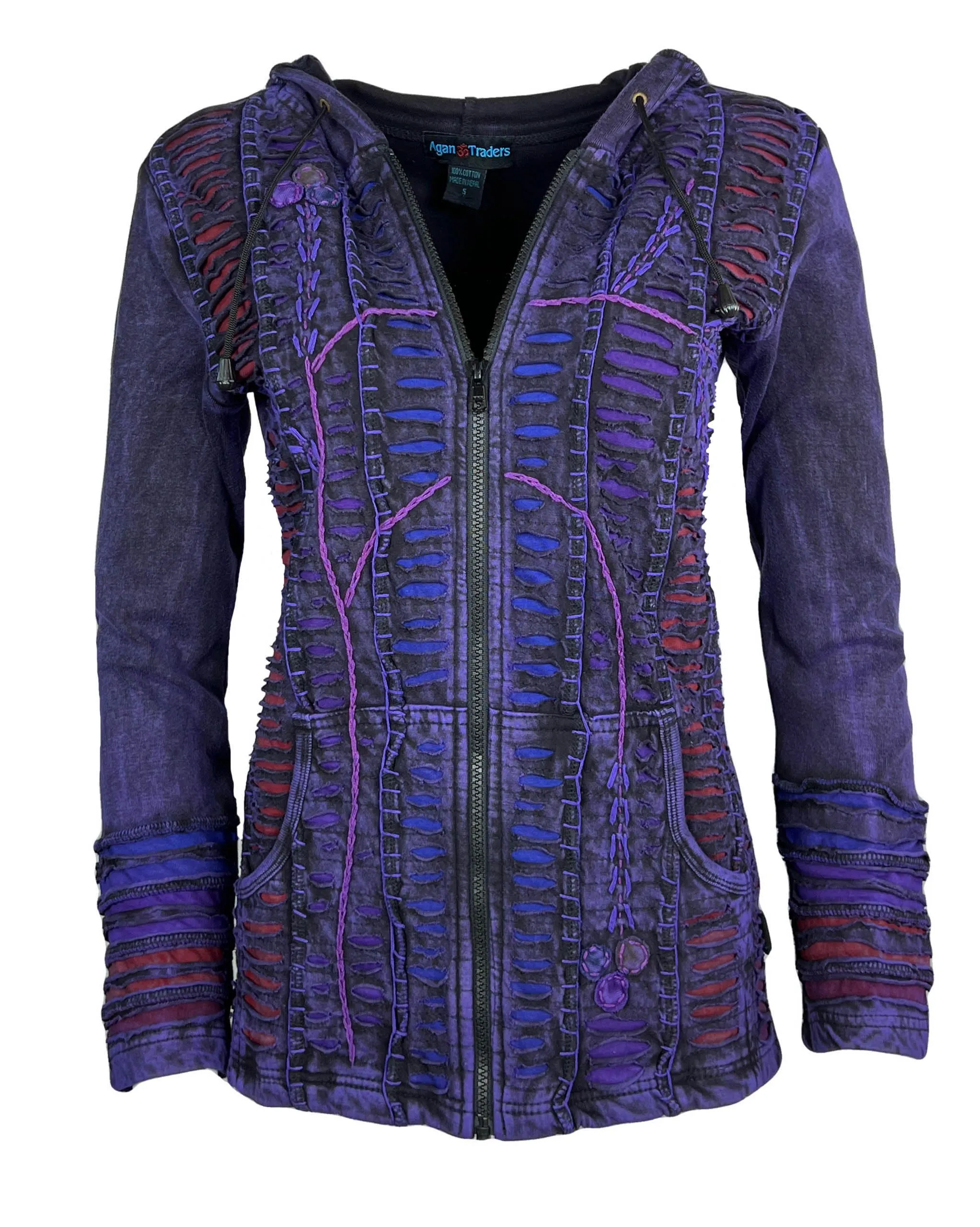 51 RJ Purple Distressed Bohemian Razor  Embroidered Hoodie Sweatshirt Rib Jacket