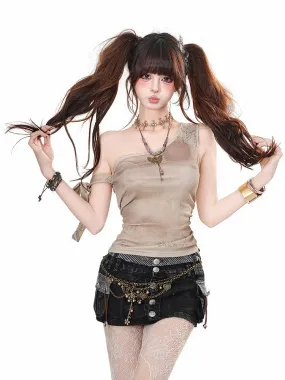 Apricot Asymmetrical Neckline Glamorous Slim-fitting Tank Top