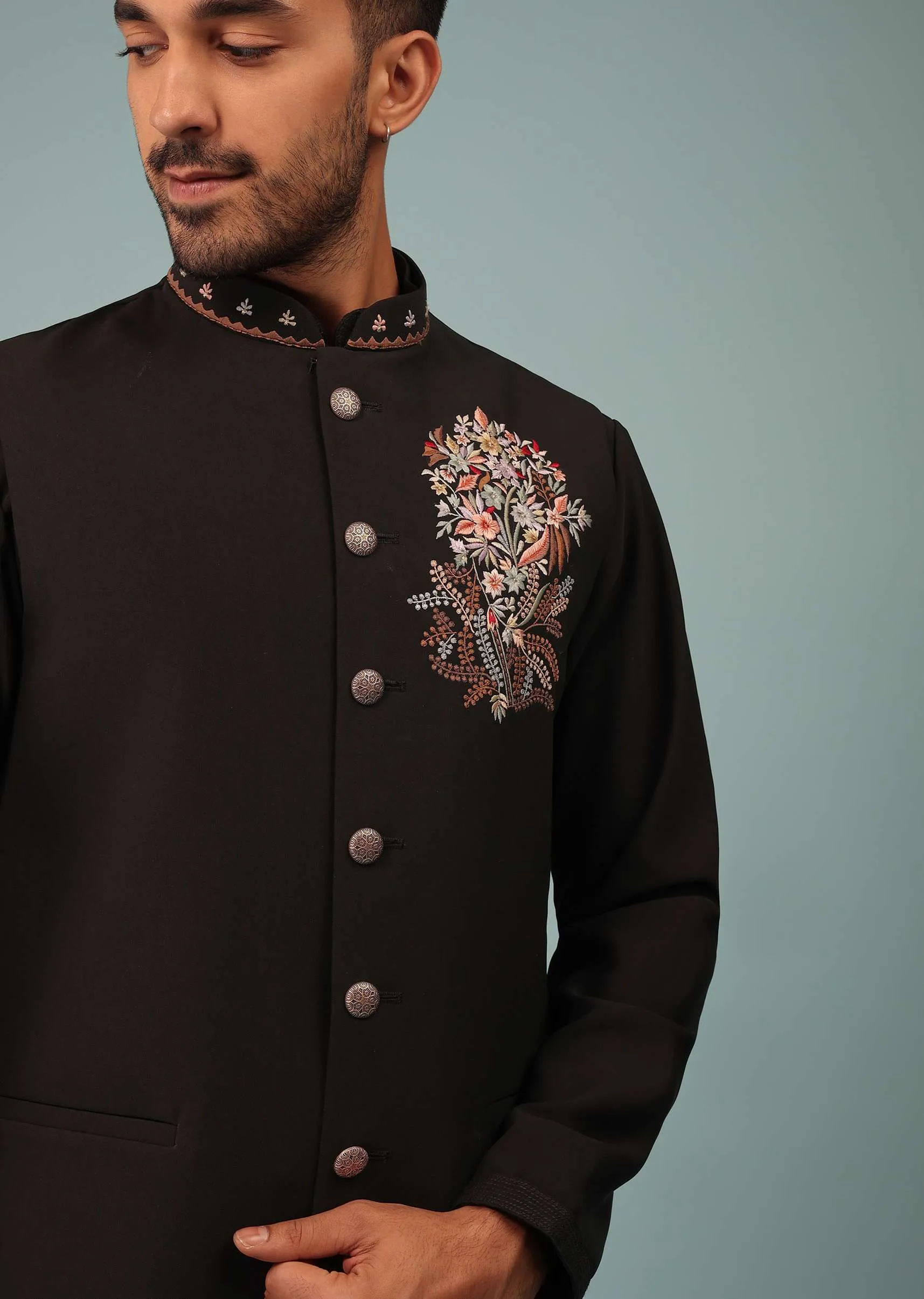 Black Bandi Jacket Set In Handloom Poly Wool With Multicolor Floral Butti Embroidery