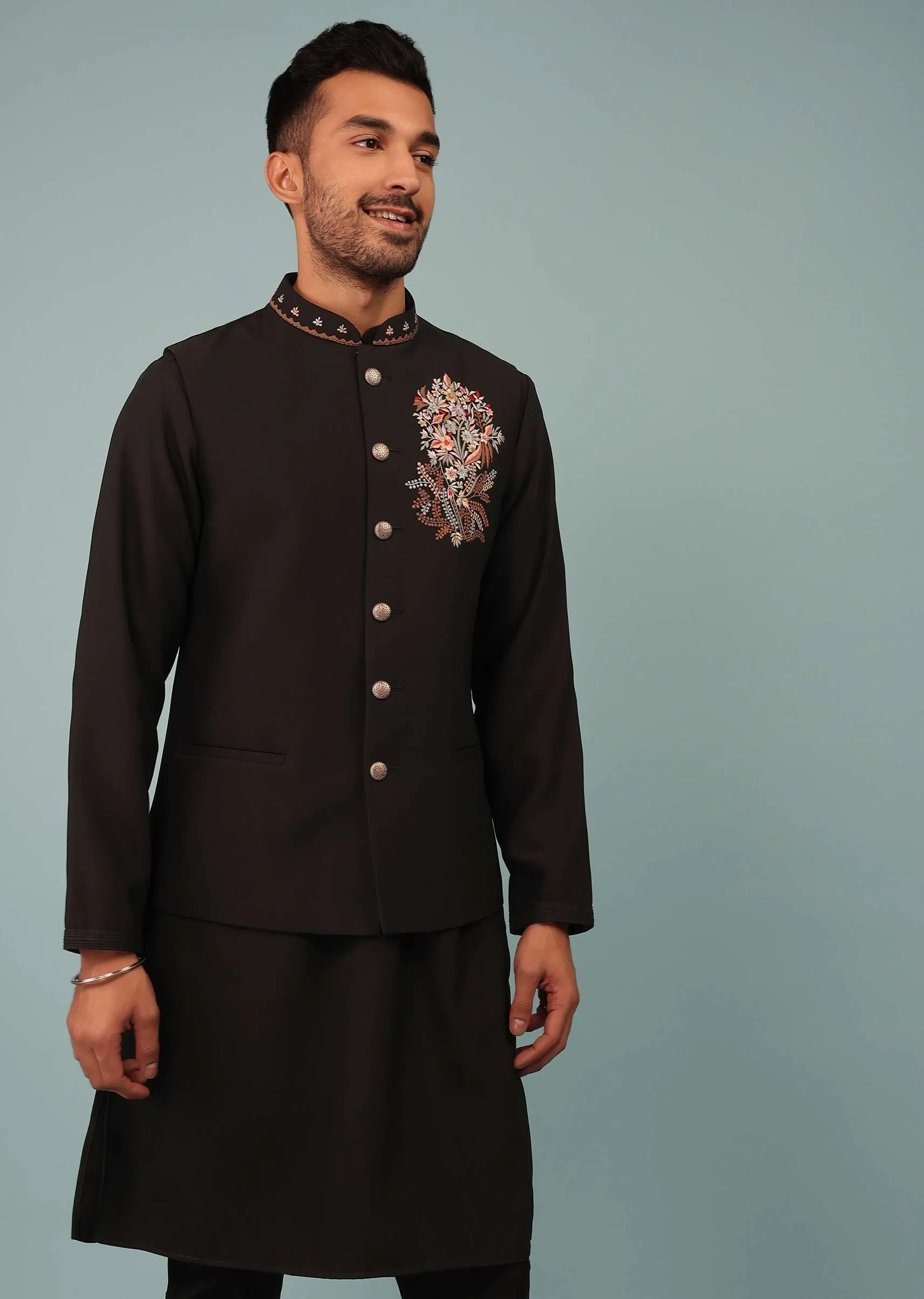 Black Bandi Jacket Set In Handloom Poly Wool With Multicolor Floral Butti Embroidery