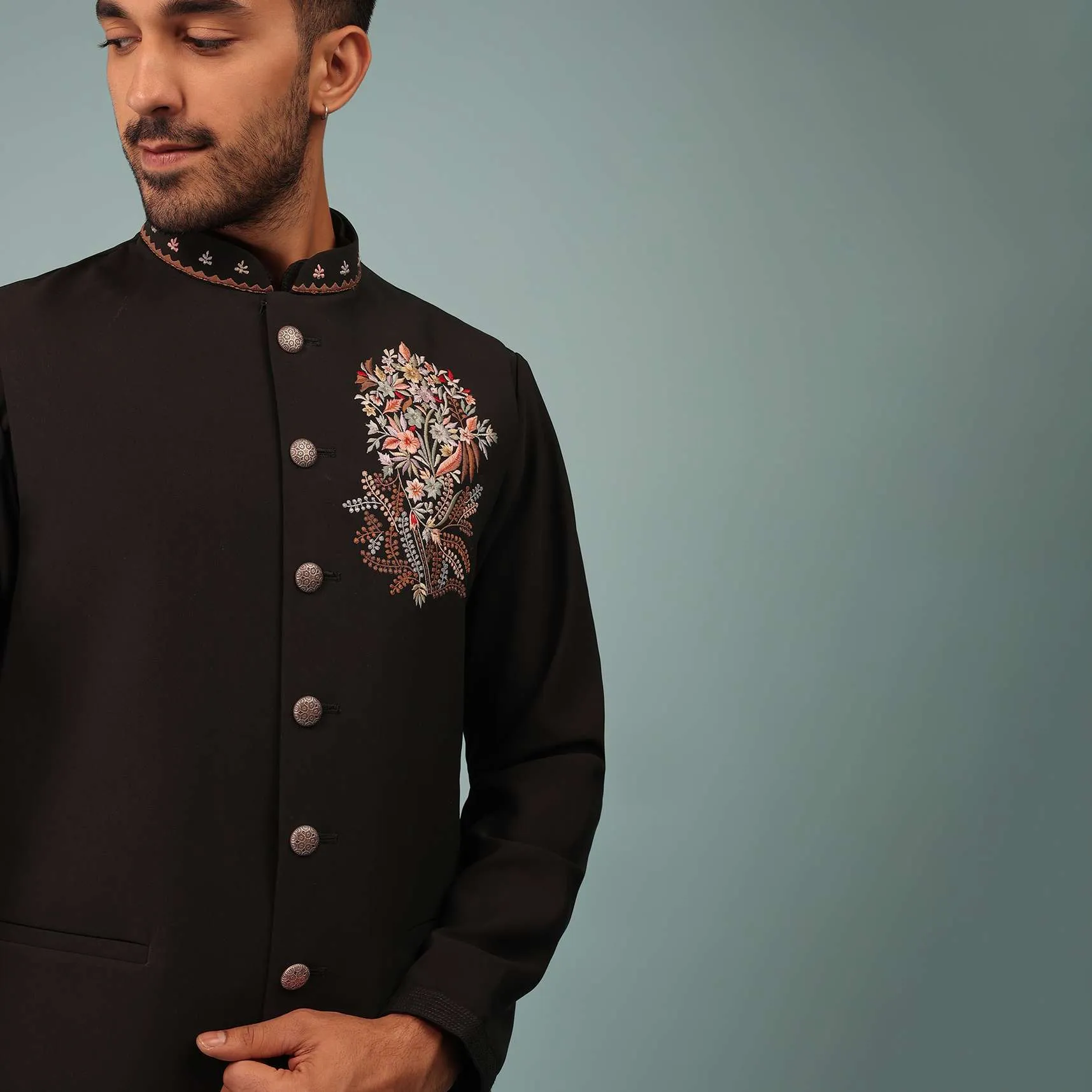 Black Bandi Jacket Set In Handloom Poly Wool With Multicolor Floral Butti Embroidery