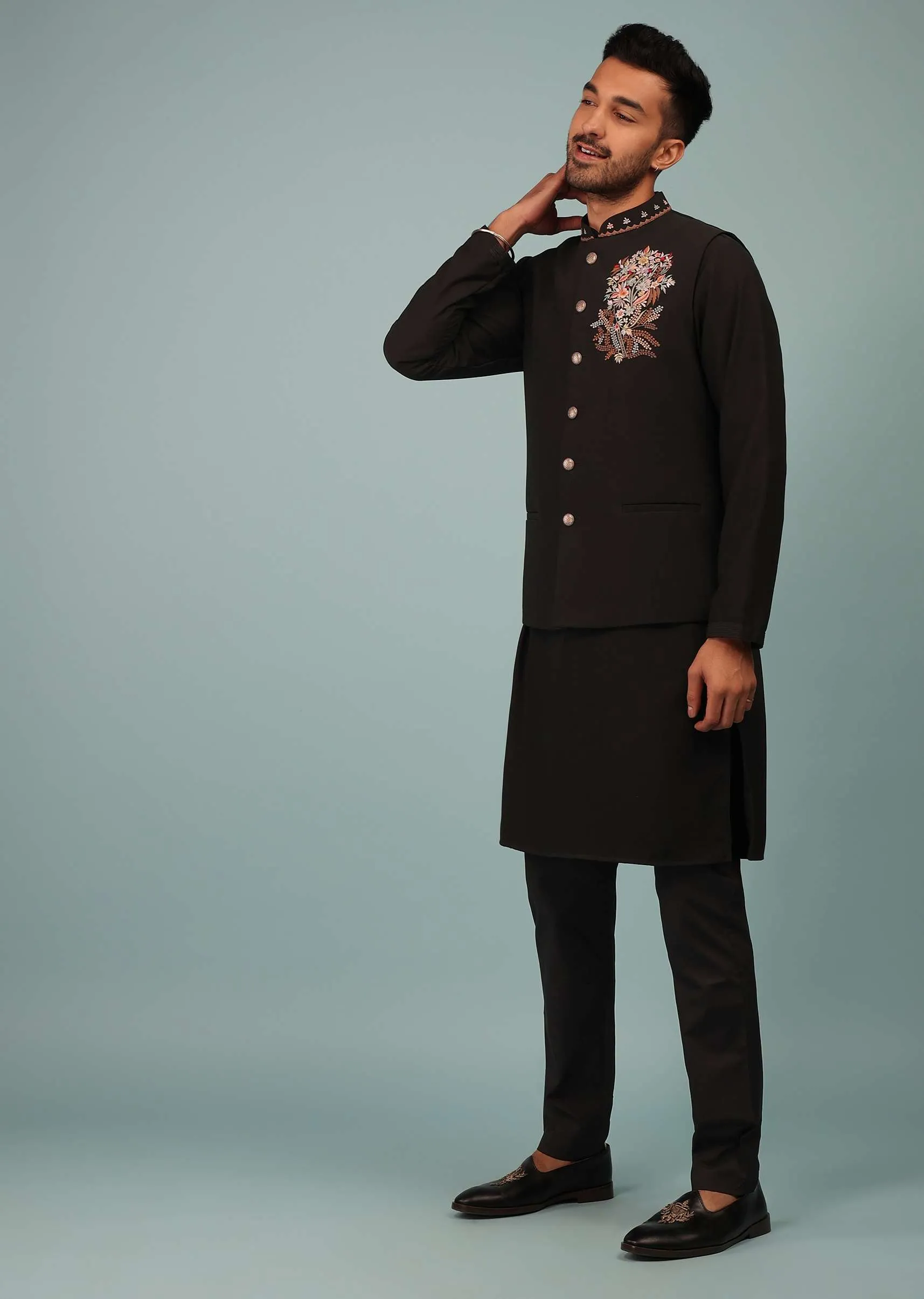Black Bandi Jacket Set In Handloom Poly Wool With Multicolor Floral Butti Embroidery
