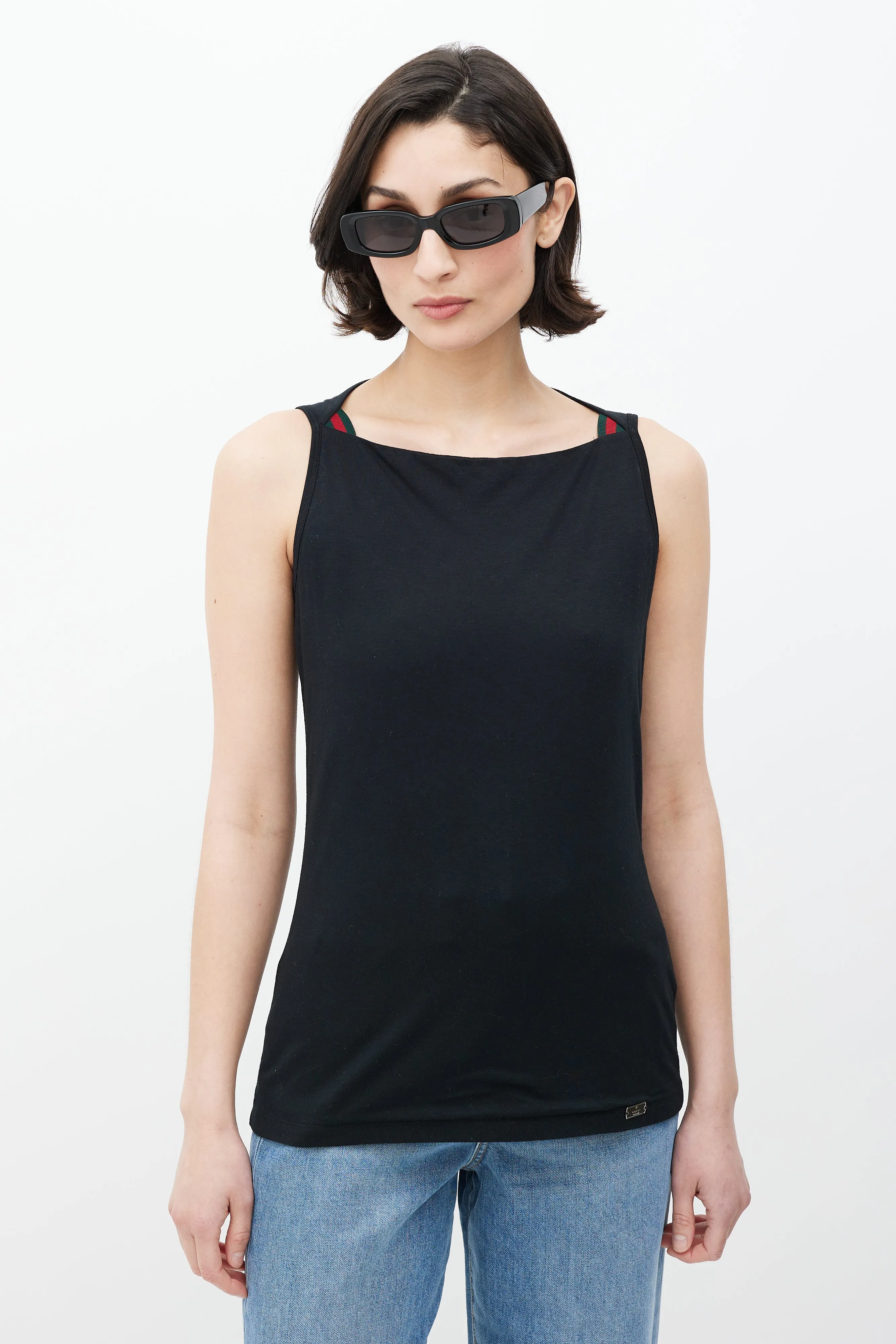 Black Boatneck Stripe Detail Tank Top