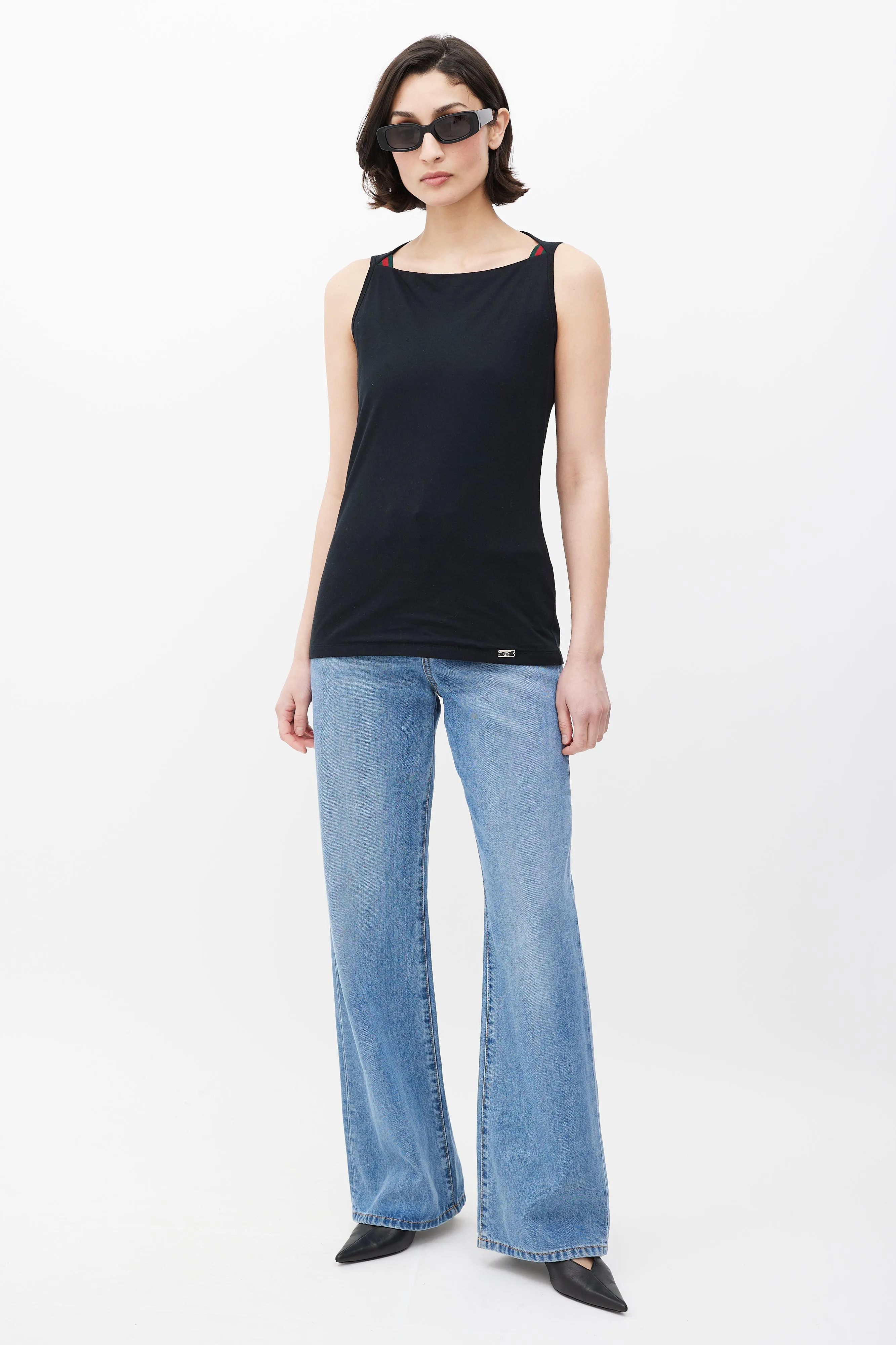 Black Boatneck Stripe Detail Tank Top