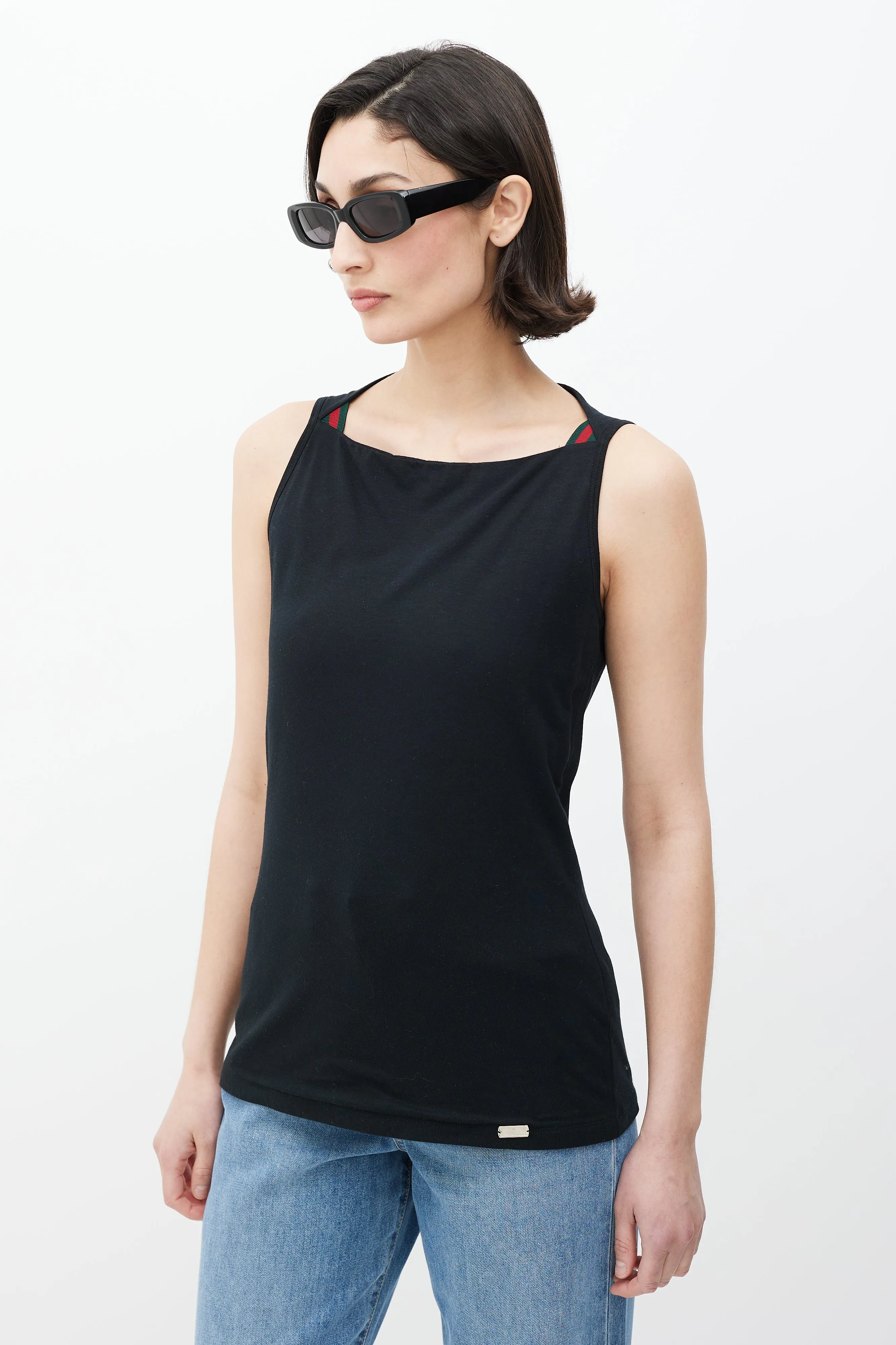 Black Boatneck Stripe Detail Tank Top