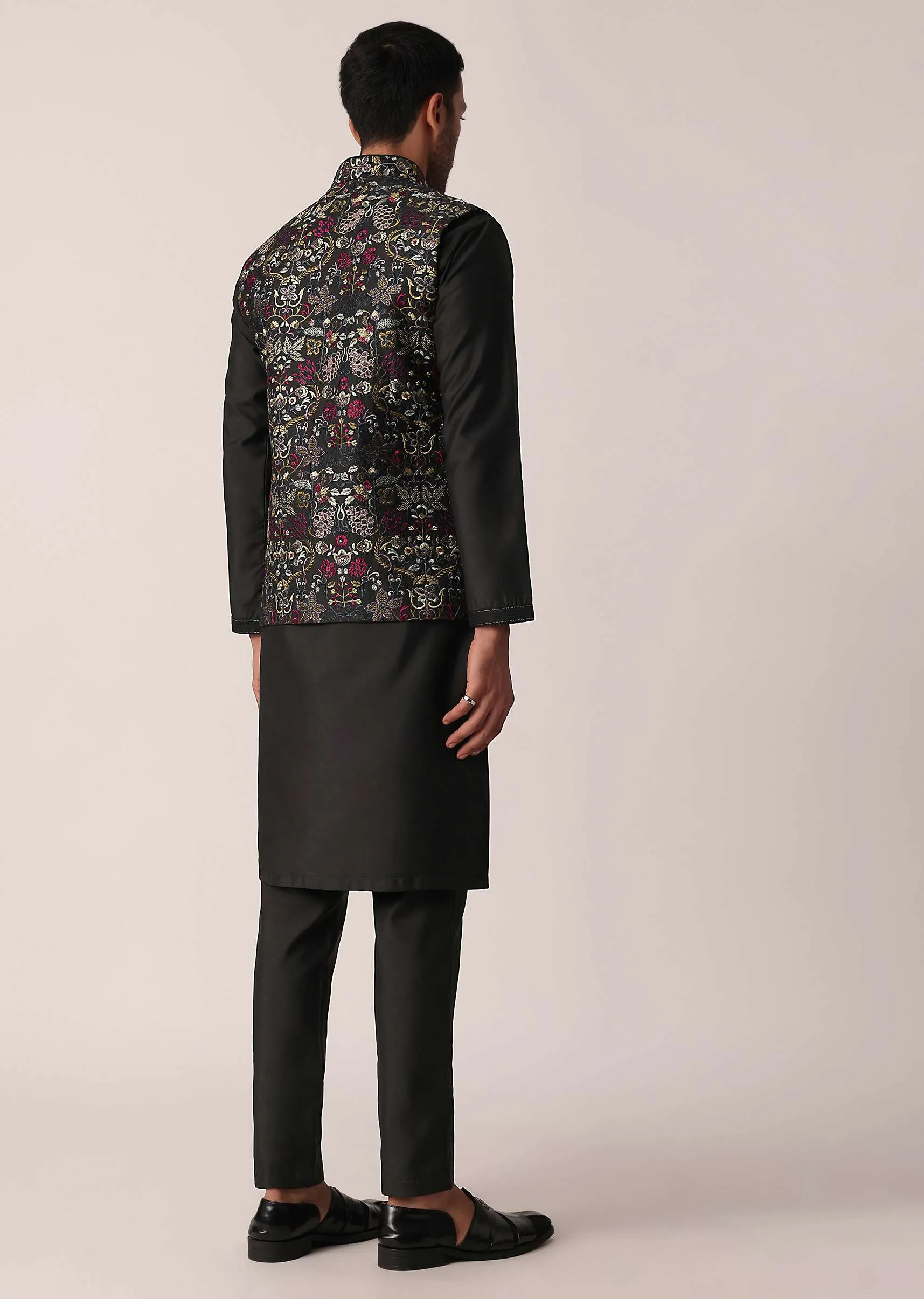 Black Festive Jacket Kurta Set For Men
