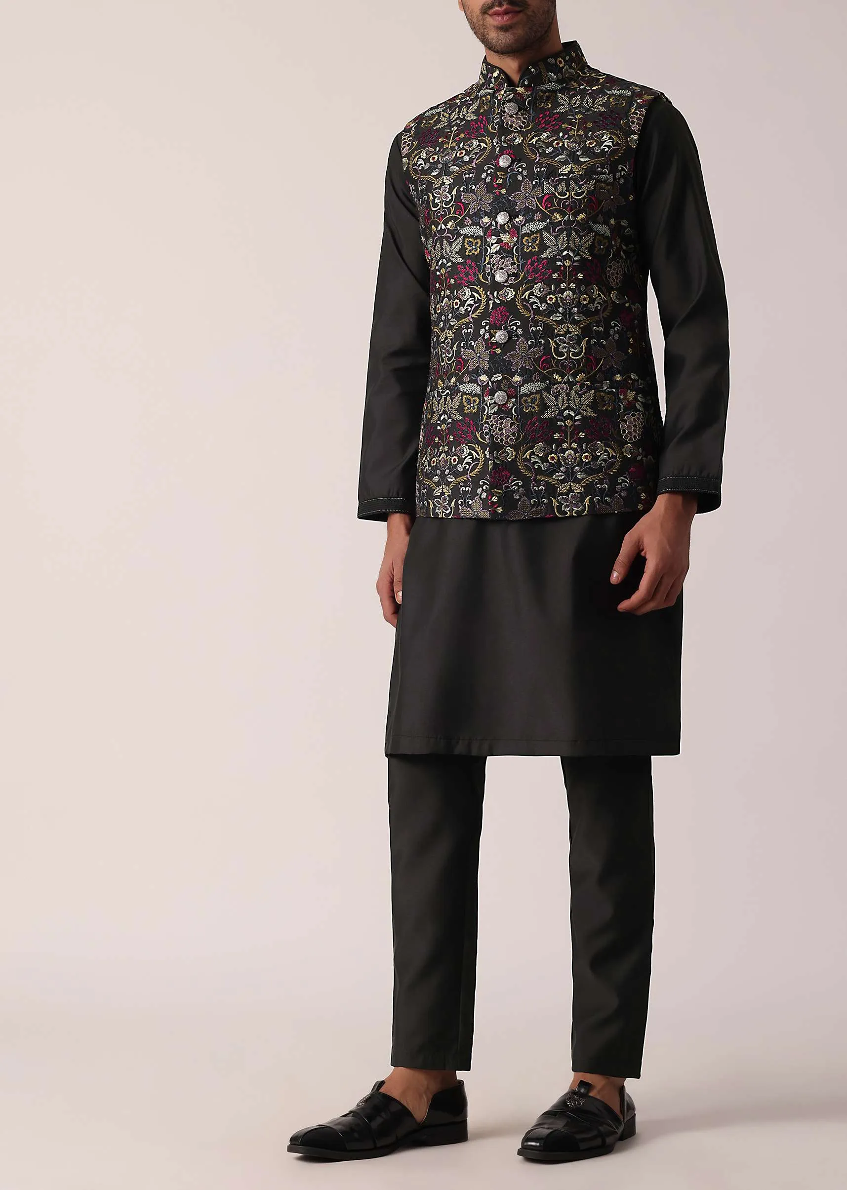 Black Festive Jacket Kurta Set For Men