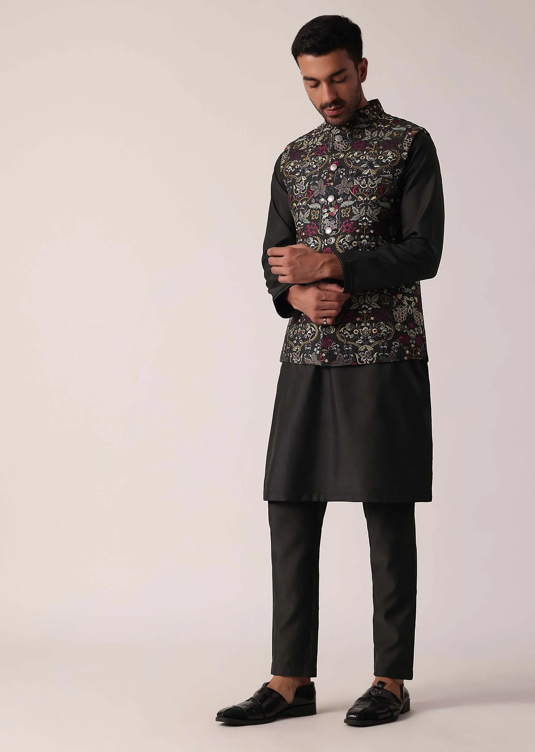 Black Festive Jacket Kurta Set For Men
