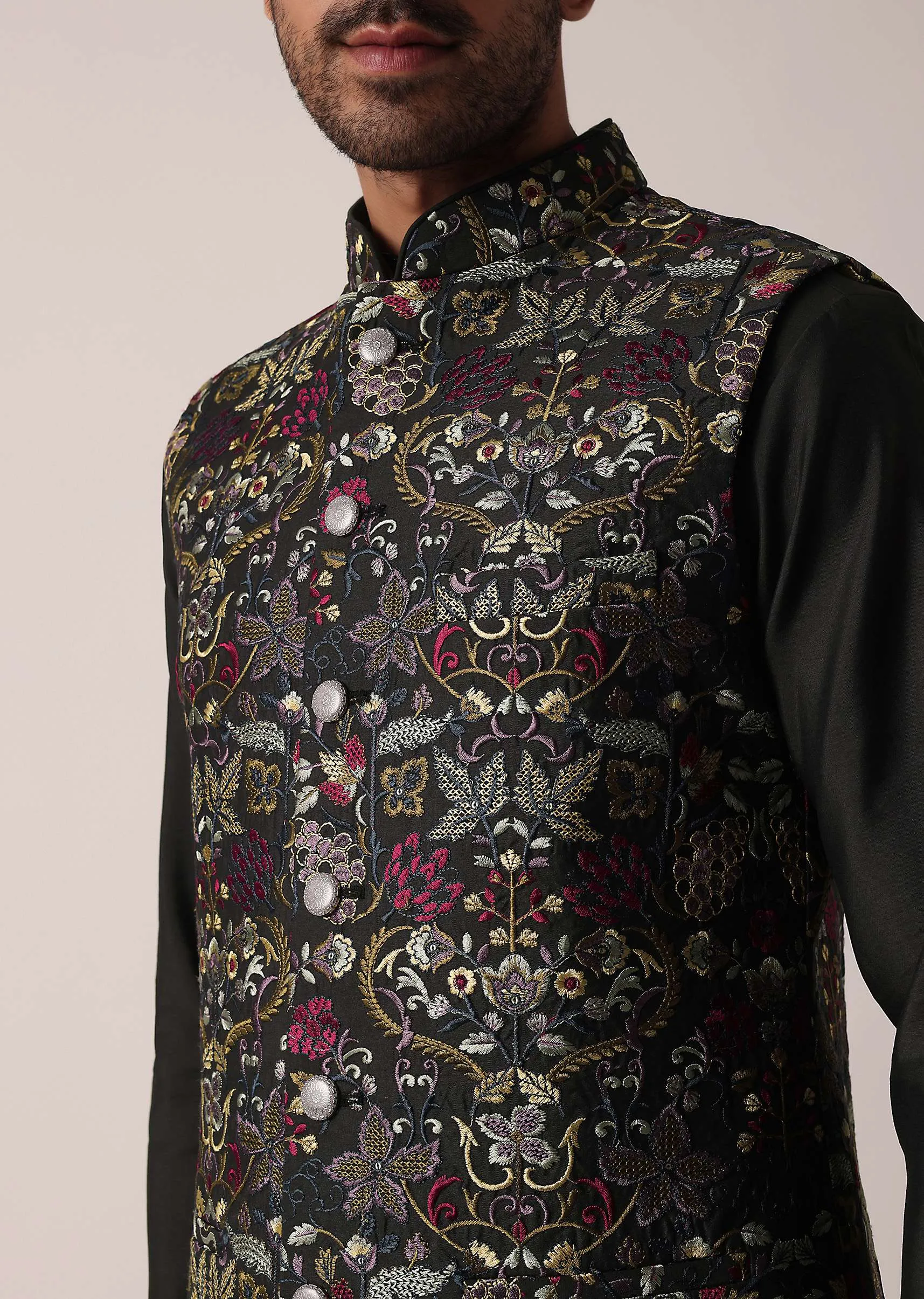 Black Festive Jacket Kurta Set For Men
