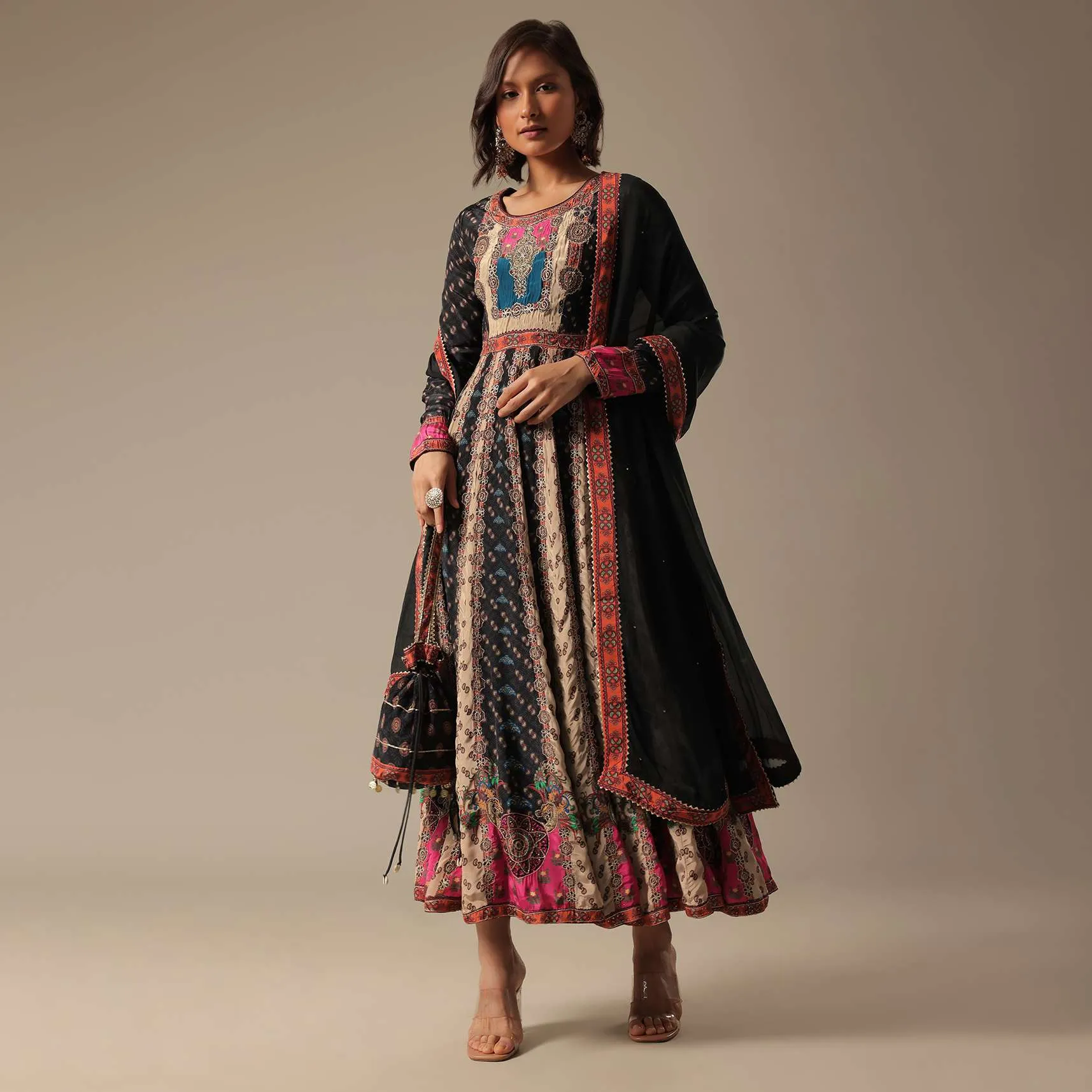 Black Printed Anarkali Set With Potli