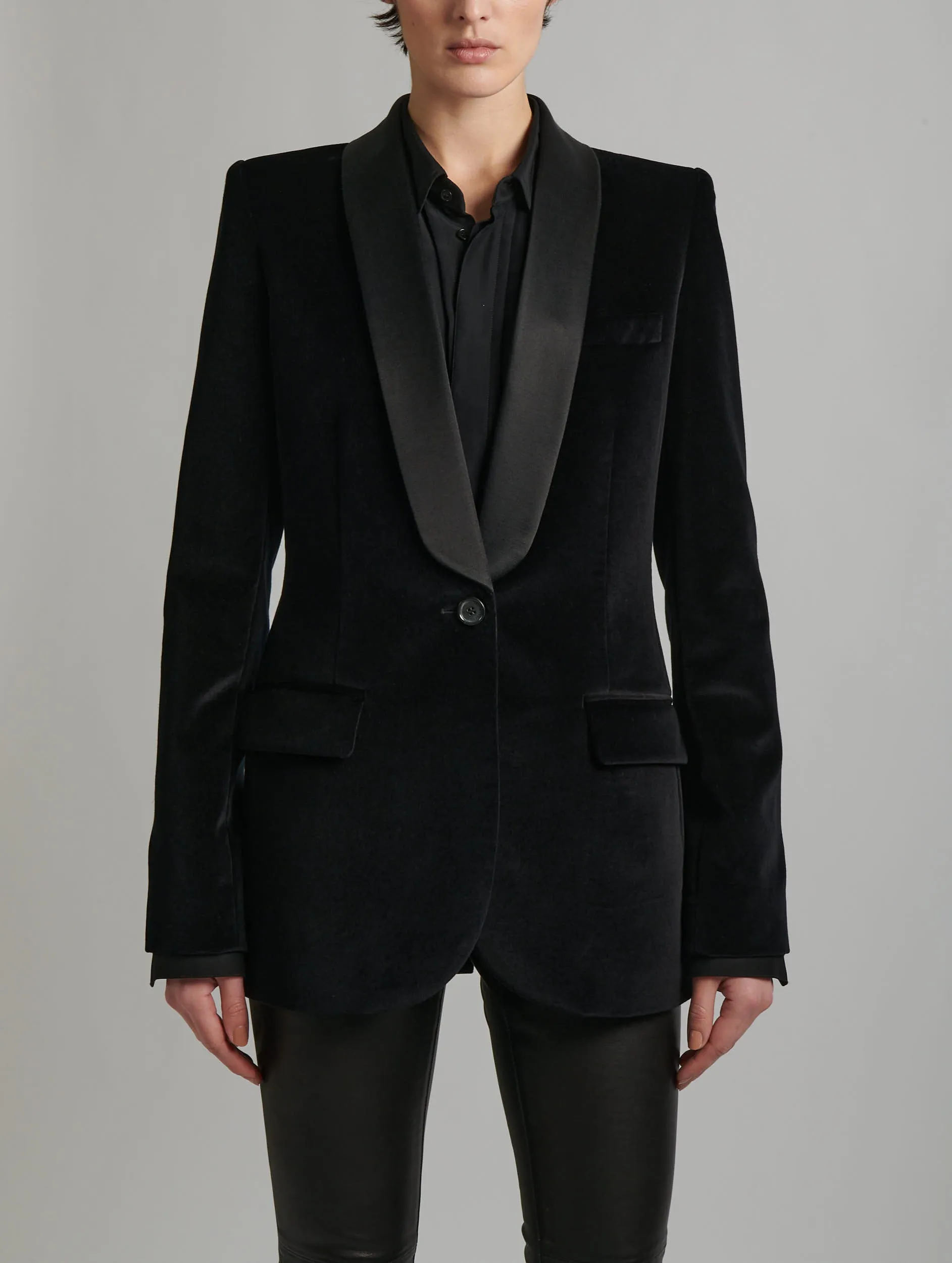 Black velvet shawl collar tuxedo jacket