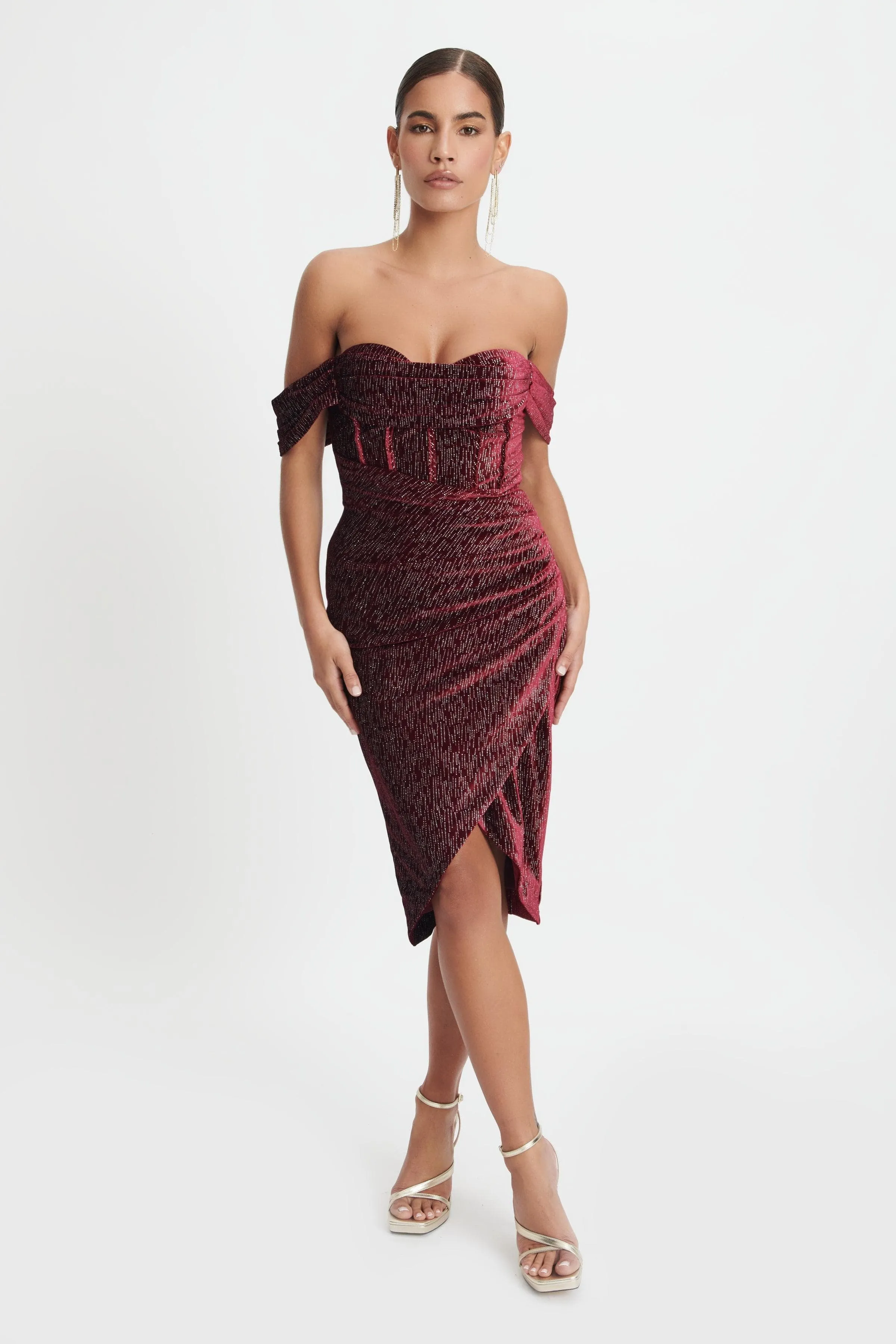 BLAKE Diamante Velvet Pleated Off Shoulder Midi Dress In Burgundy