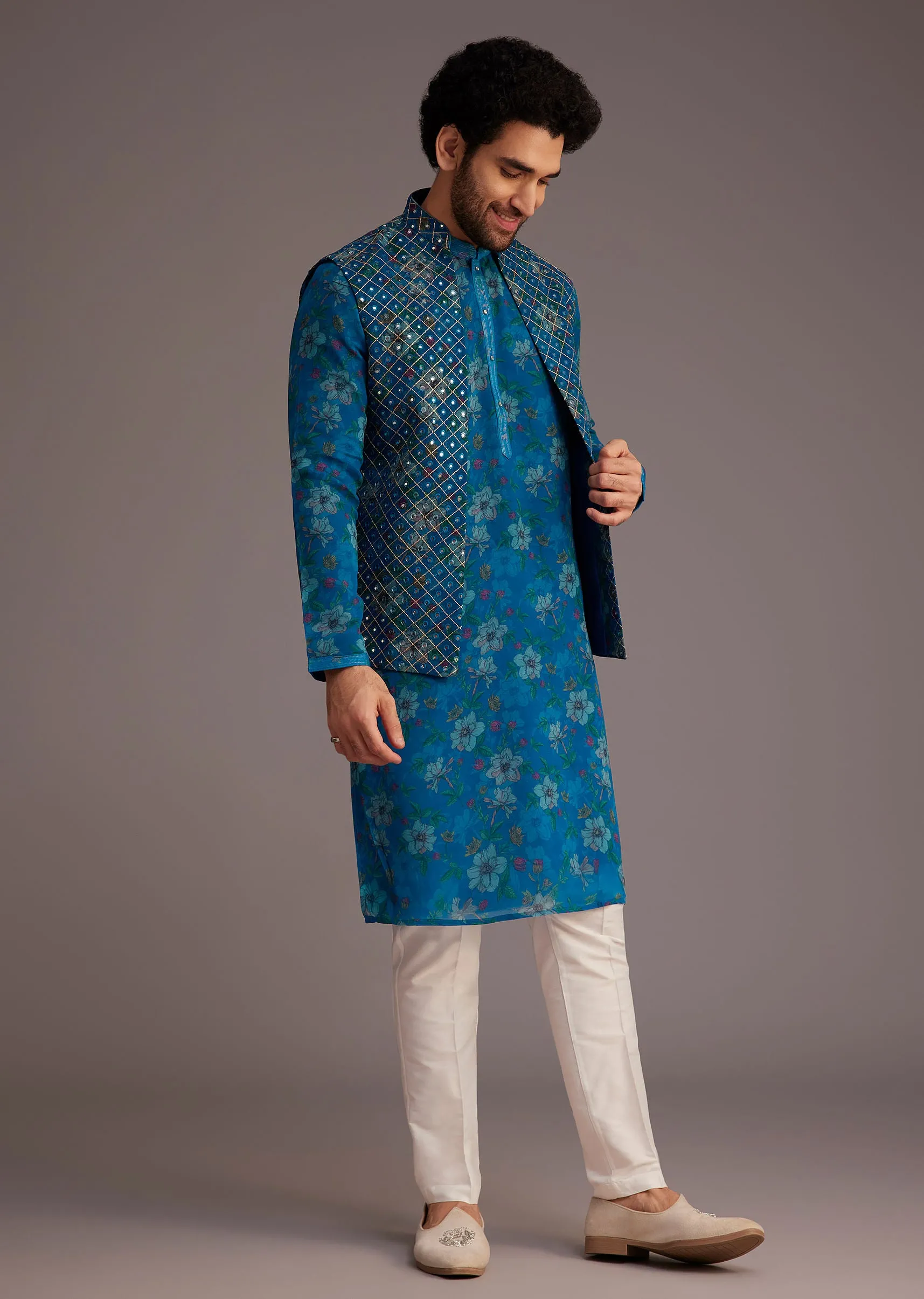 Blue Floral Kurta Set With Embroidered Sleeveless Jacket