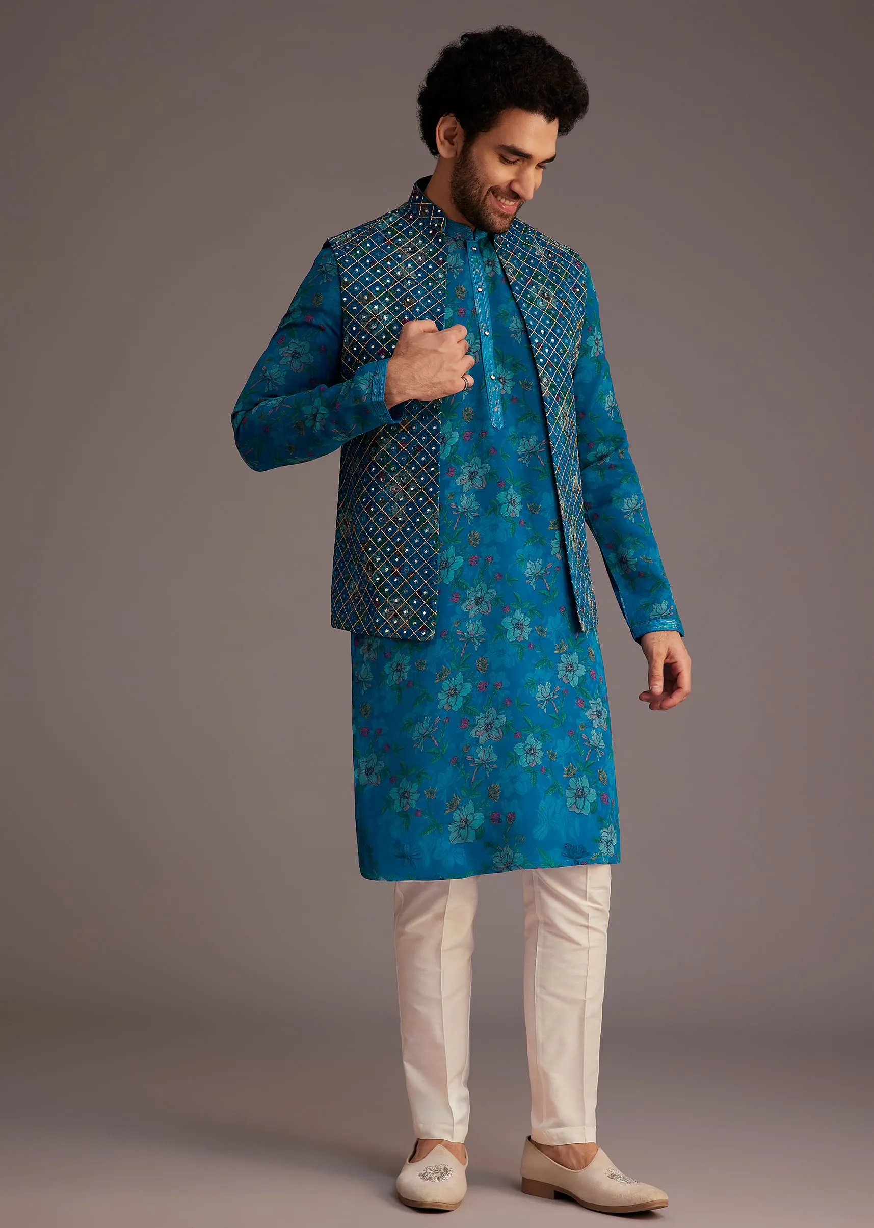 Blue Floral Kurta Set With Embroidered Sleeveless Jacket