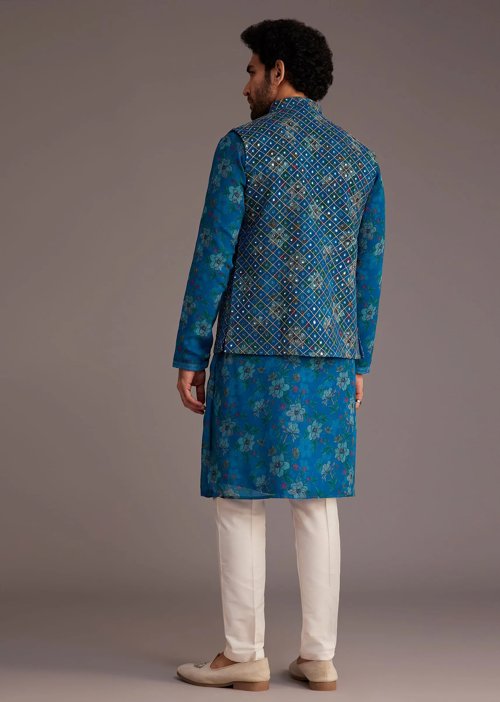 Blue Floral Kurta Set With Embroidered Sleeveless Jacket