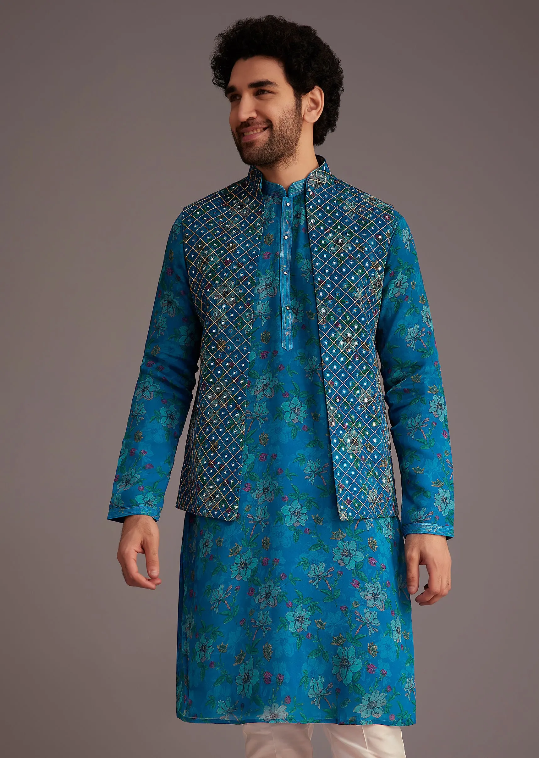 Blue Floral Kurta Set With Embroidered Sleeveless Jacket