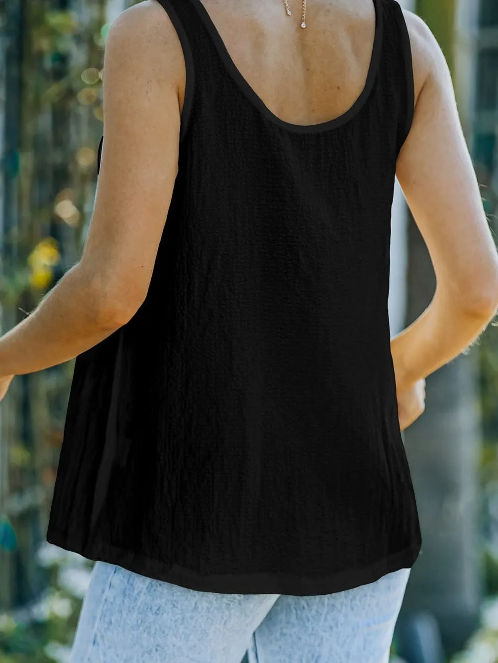 Button-Up Black Textured Sleeveless Top