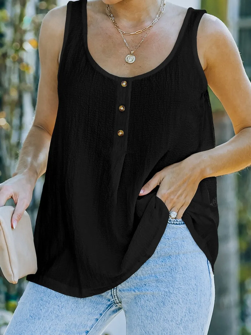 Button-Up Black Textured Sleeveless Top