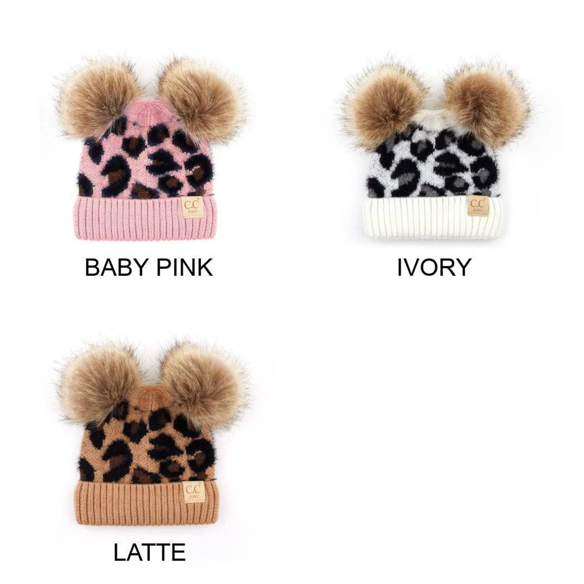 CC Double Pom Kid Leopard Beanie Winter Snow Fashion Hats