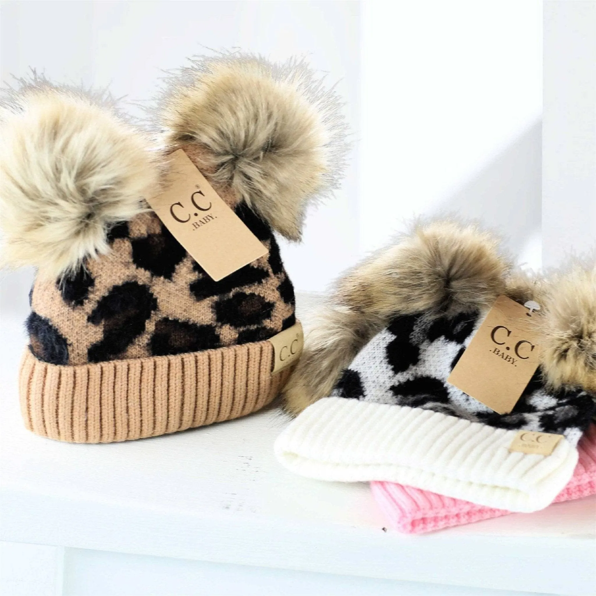 CC Double Pom Kid Leopard Beanie Winter Snow Fashion Hats