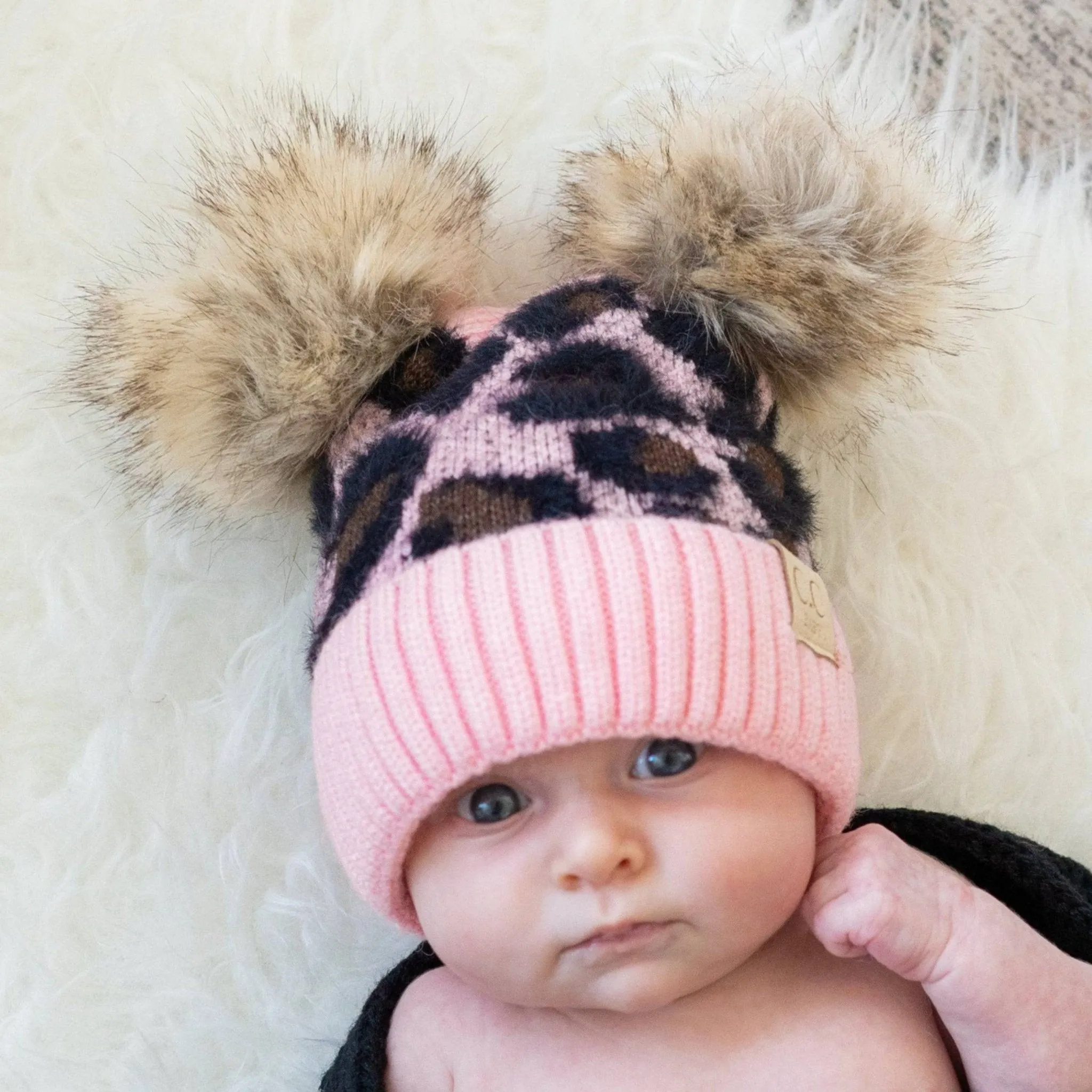 CC Double Pom Kid Leopard Beanie Winter Snow Fashion Hats