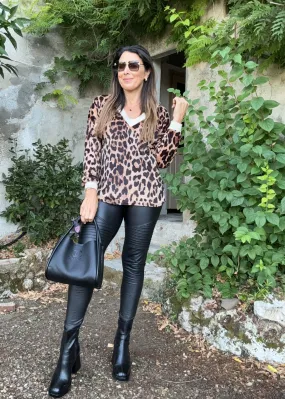 Celestina Camel Leopard Shimmer Trim Blouse