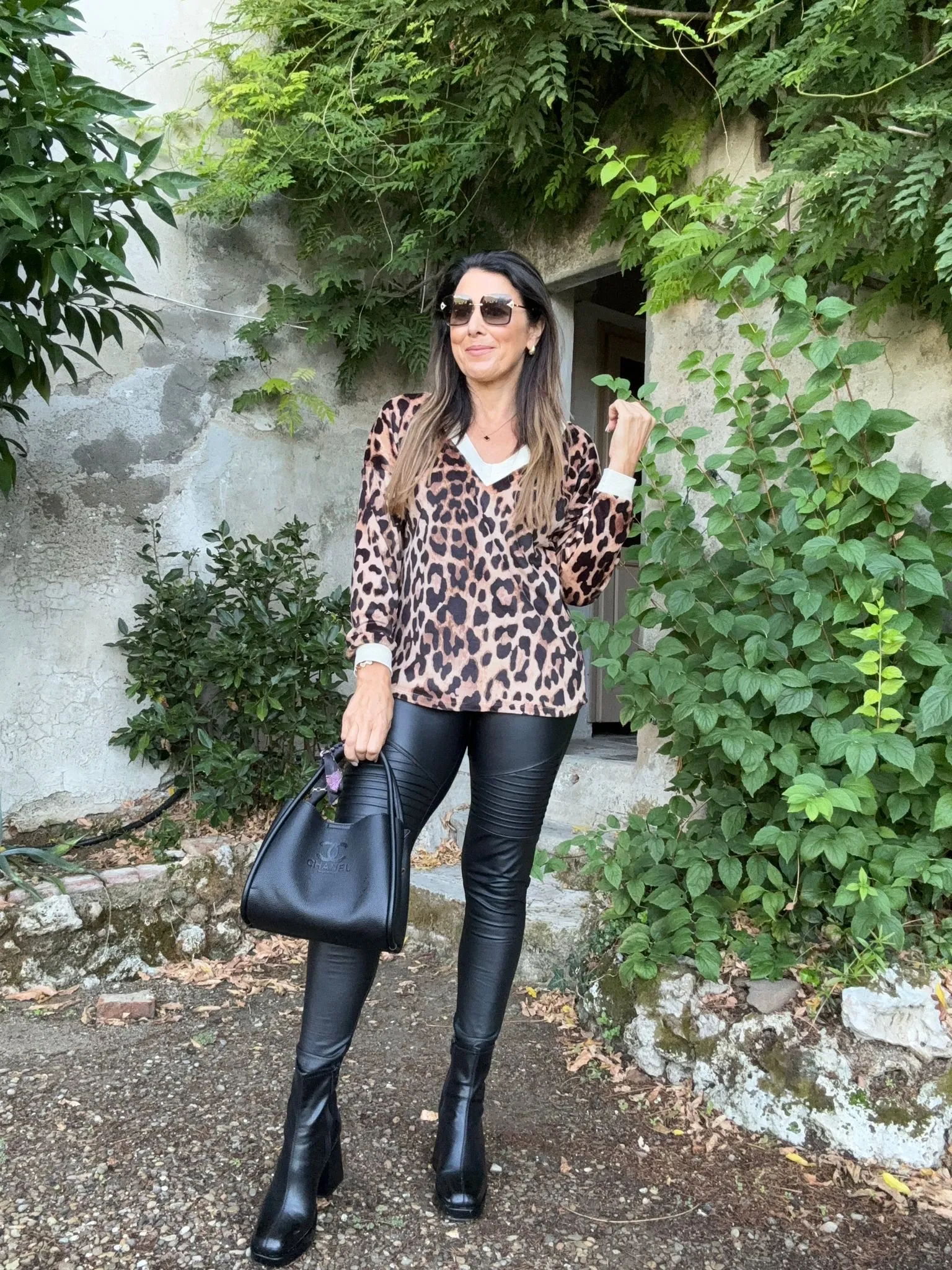 Celestina Camel Leopard Shimmer Trim Blouse