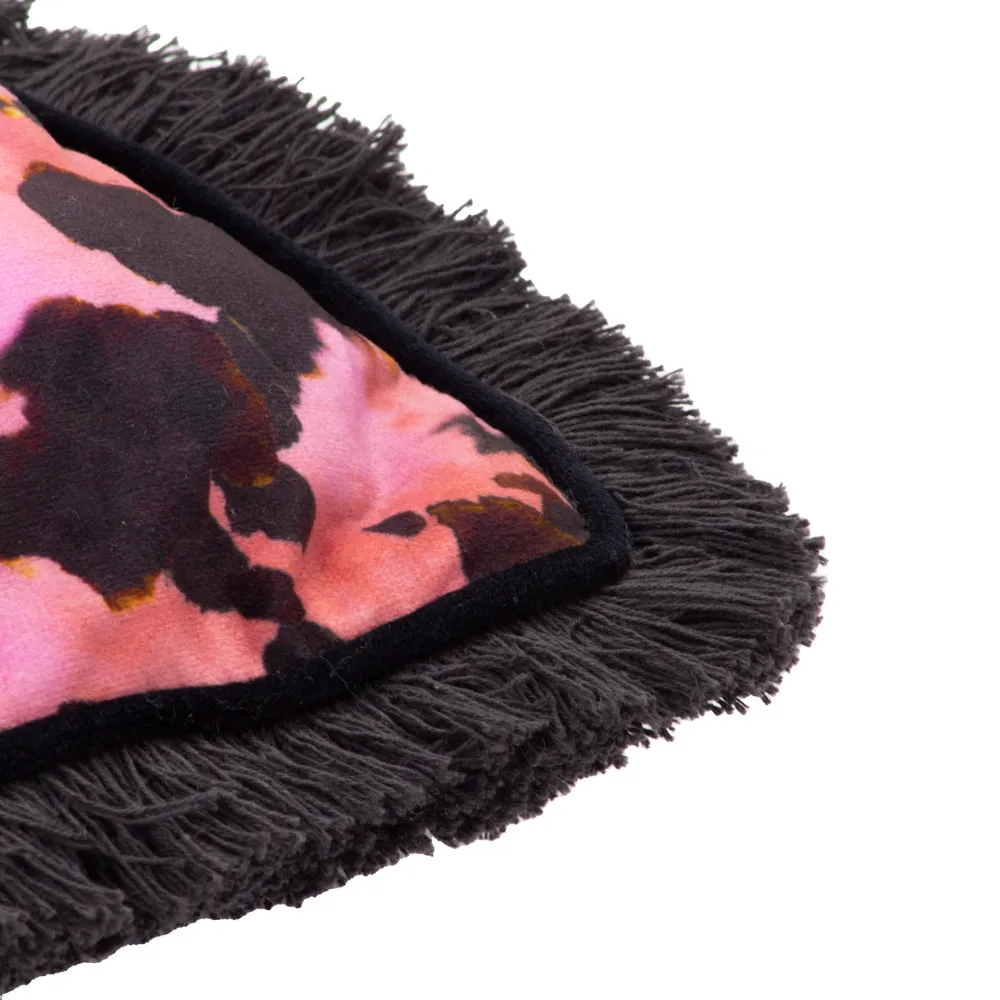 Colette Animal Printed Satin Fringed Cushion Rouge