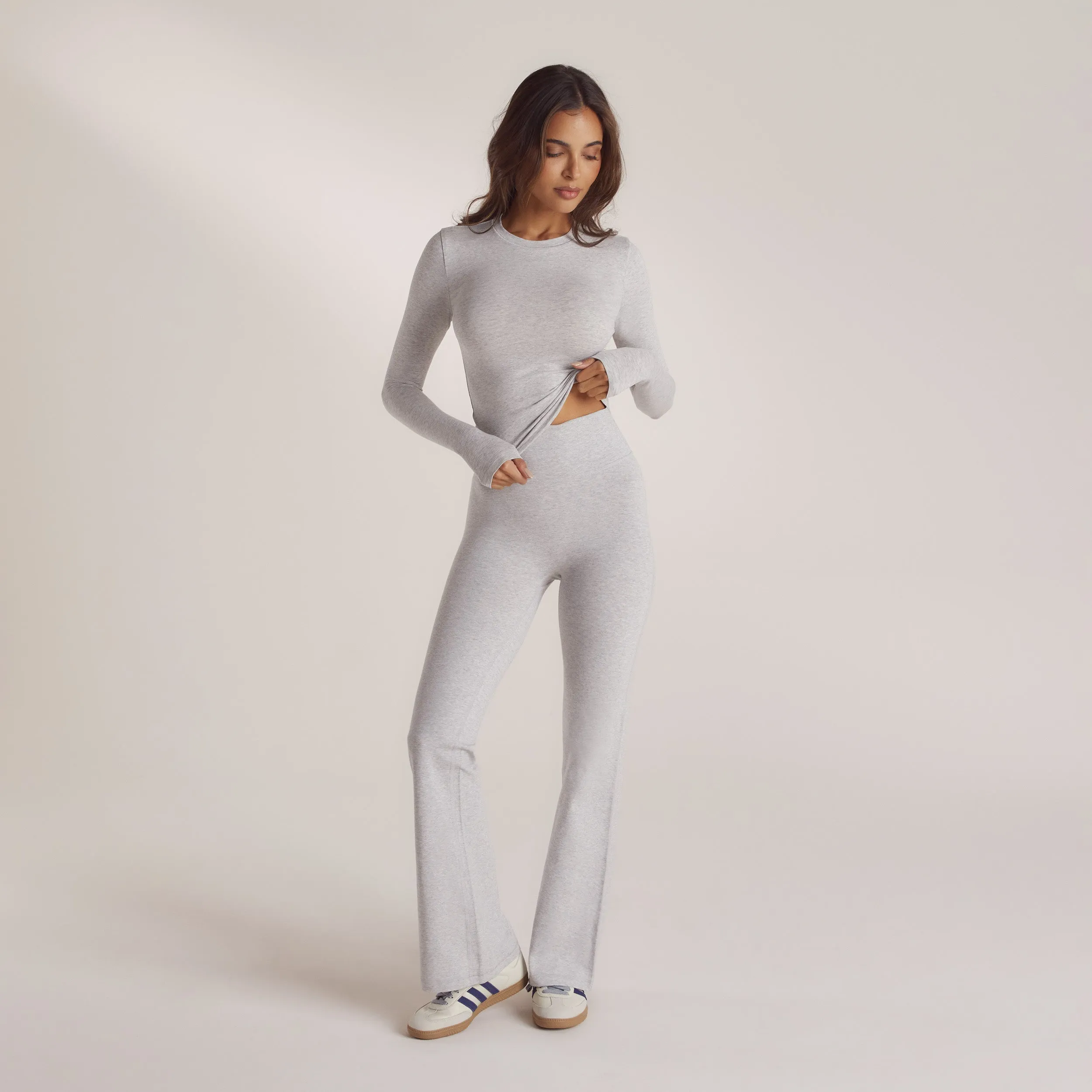 Cotton Blend Long Sleeve Top - Grey Marl