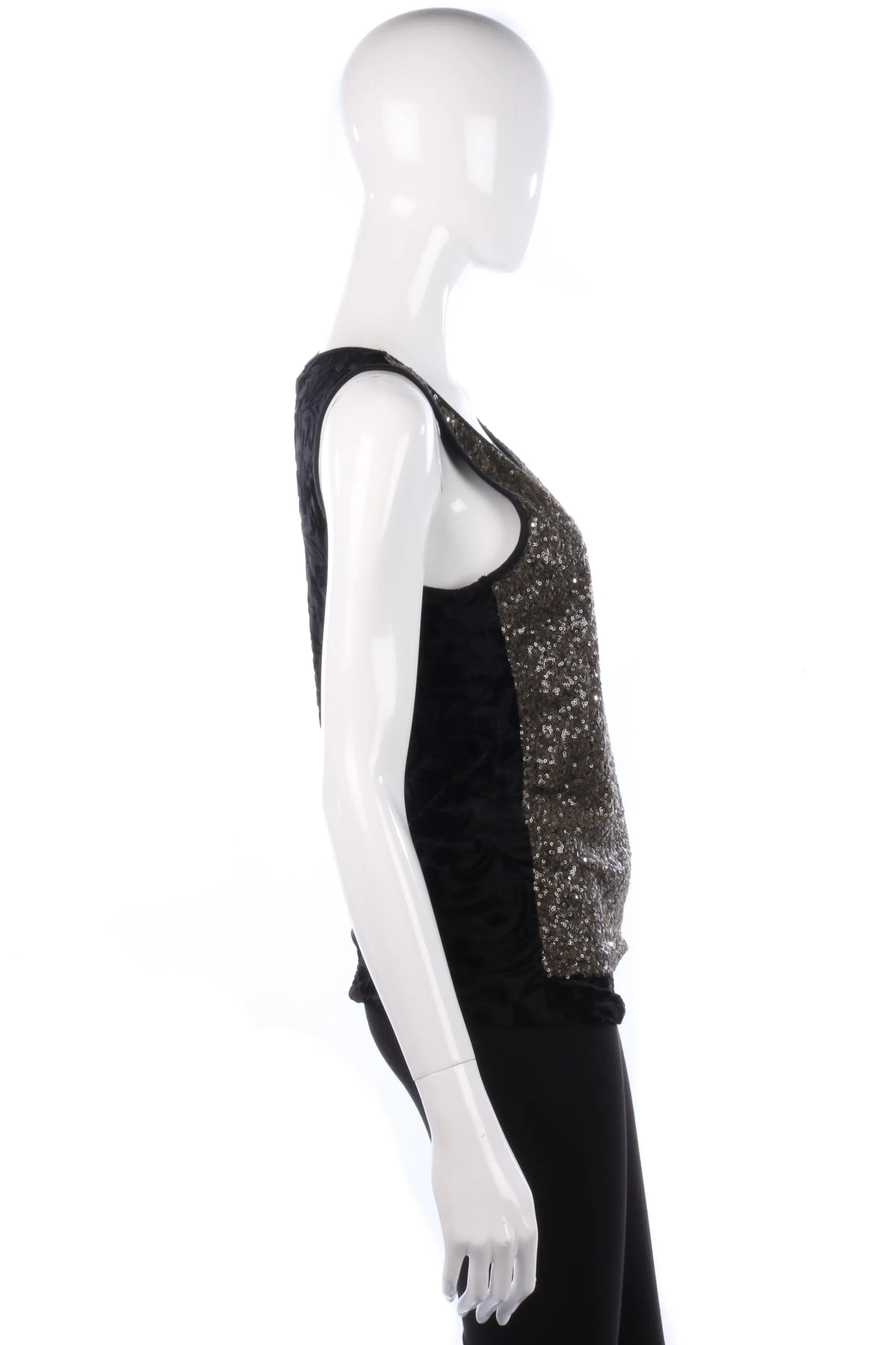 Cream Sleeveless Top Black Velvet with Metallic Sequins Size M