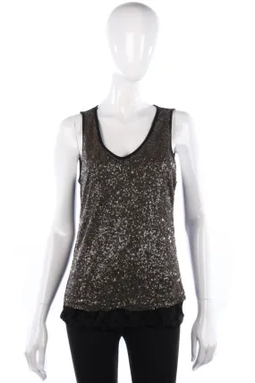 Cream Sleeveless Top Black Velvet with Metallic Sequins Size M