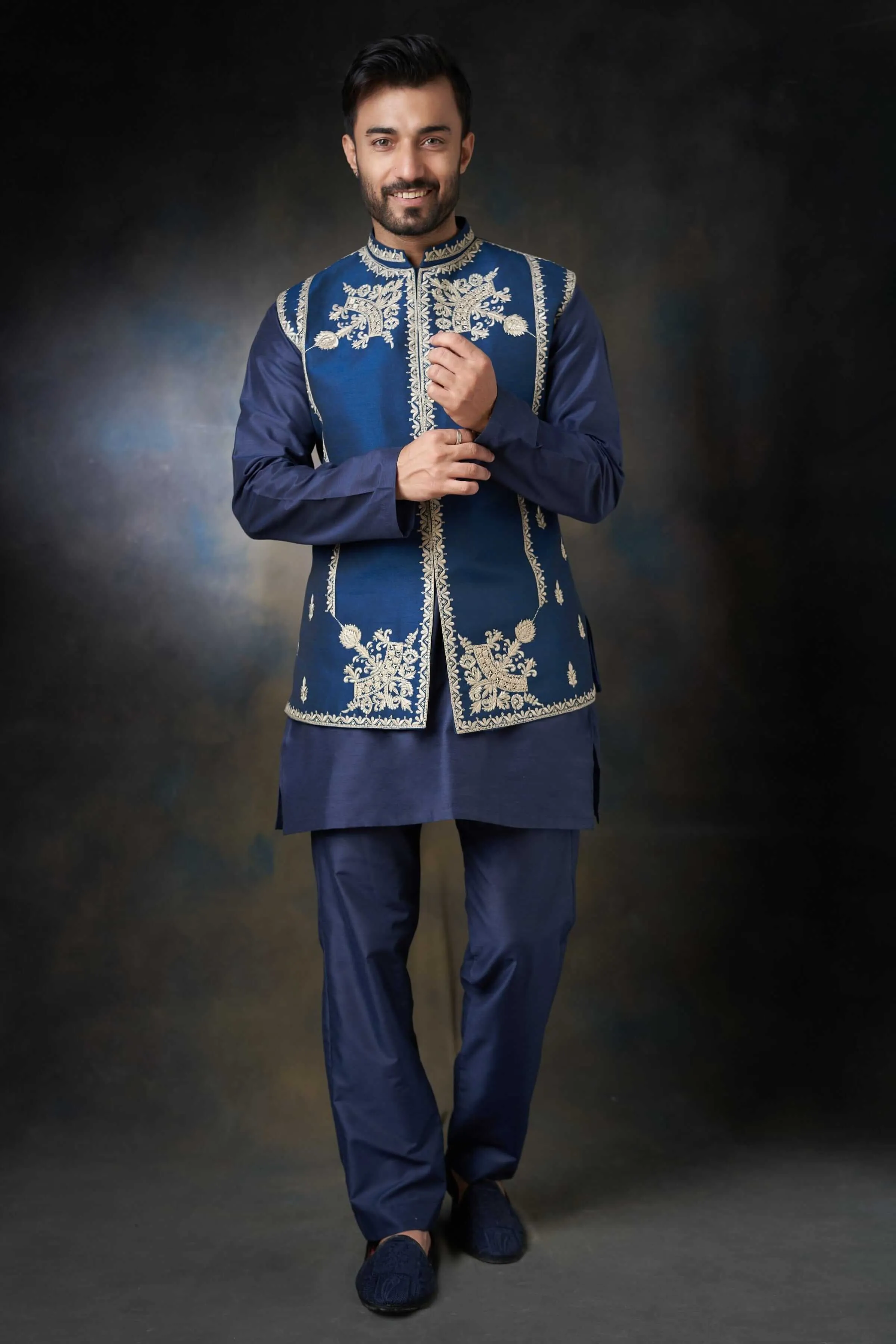 Dark Azure Blue Handcrafted Embroidered Waistcoat