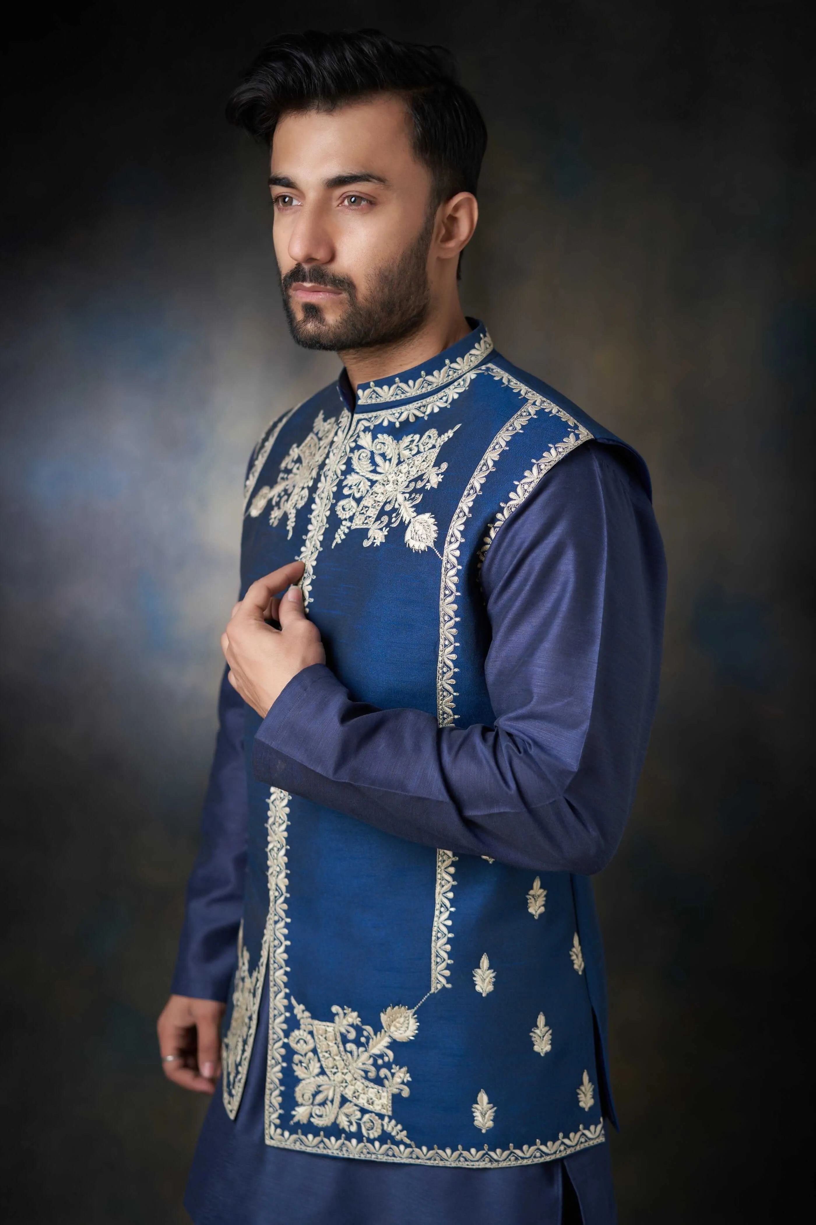 Dark Azure Blue Handcrafted Embroidered Waistcoat