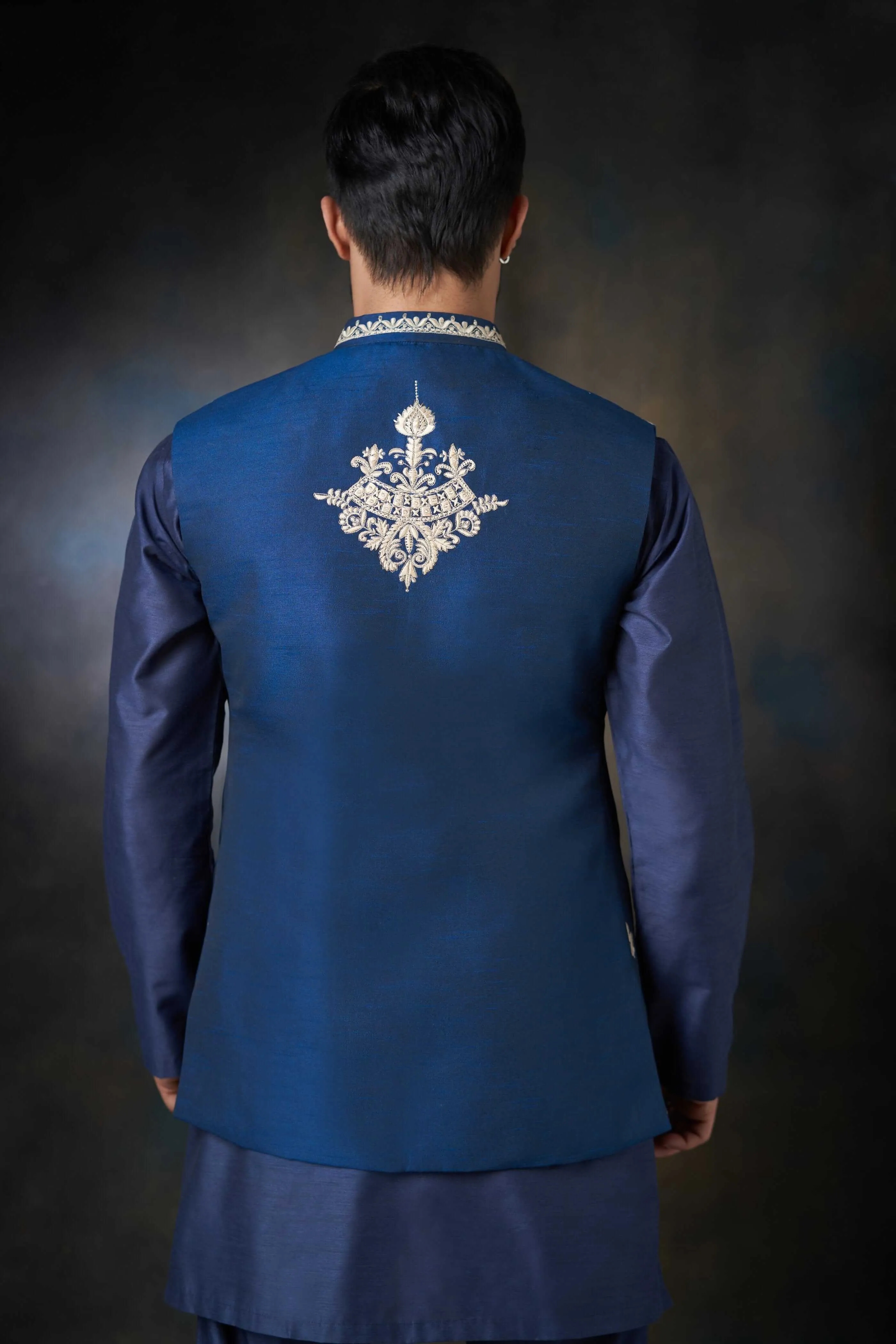 Dark Azure Blue Handcrafted Embroidered Waistcoat