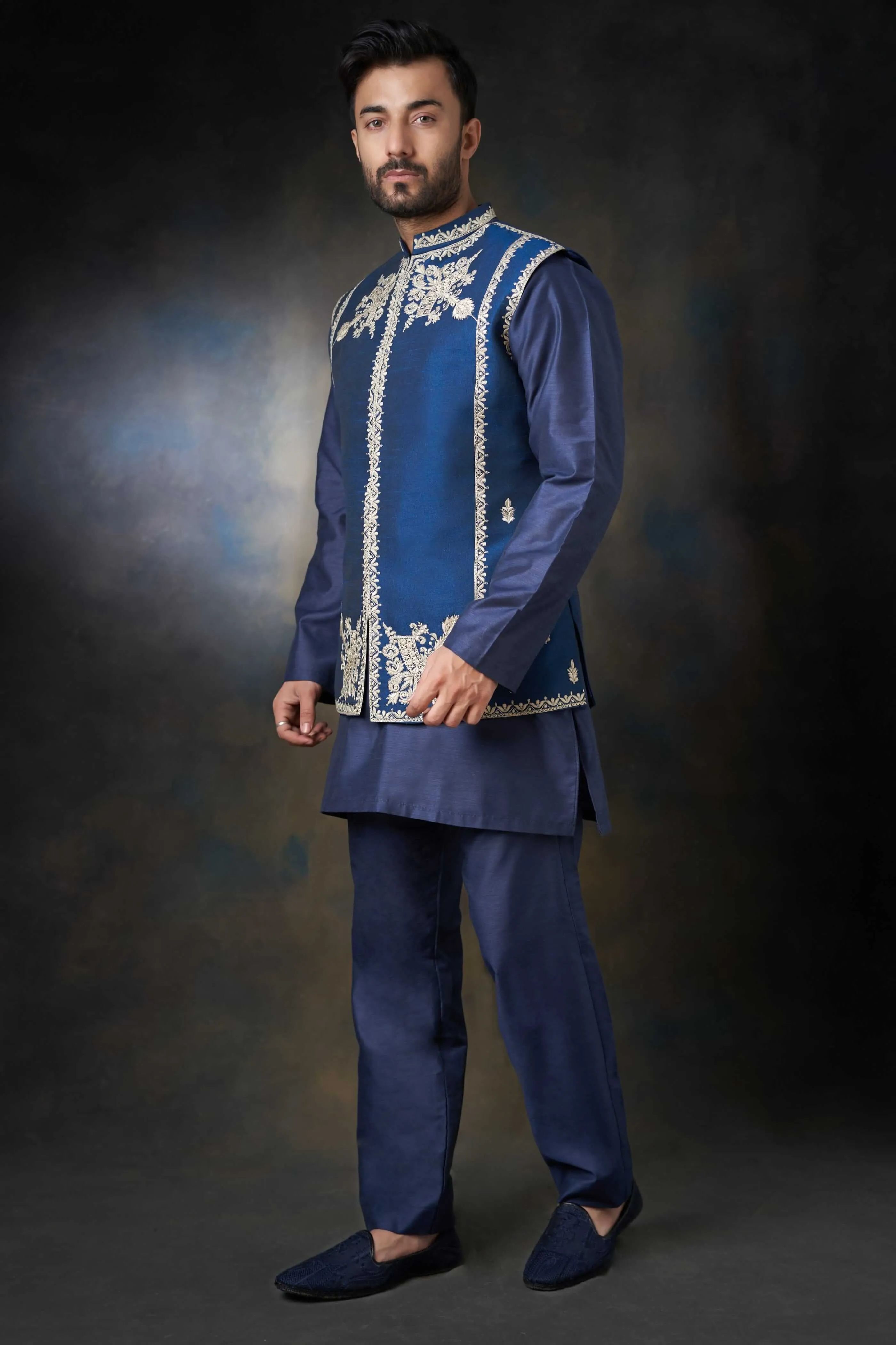 Dark Azure Blue Handcrafted Embroidered Waistcoat