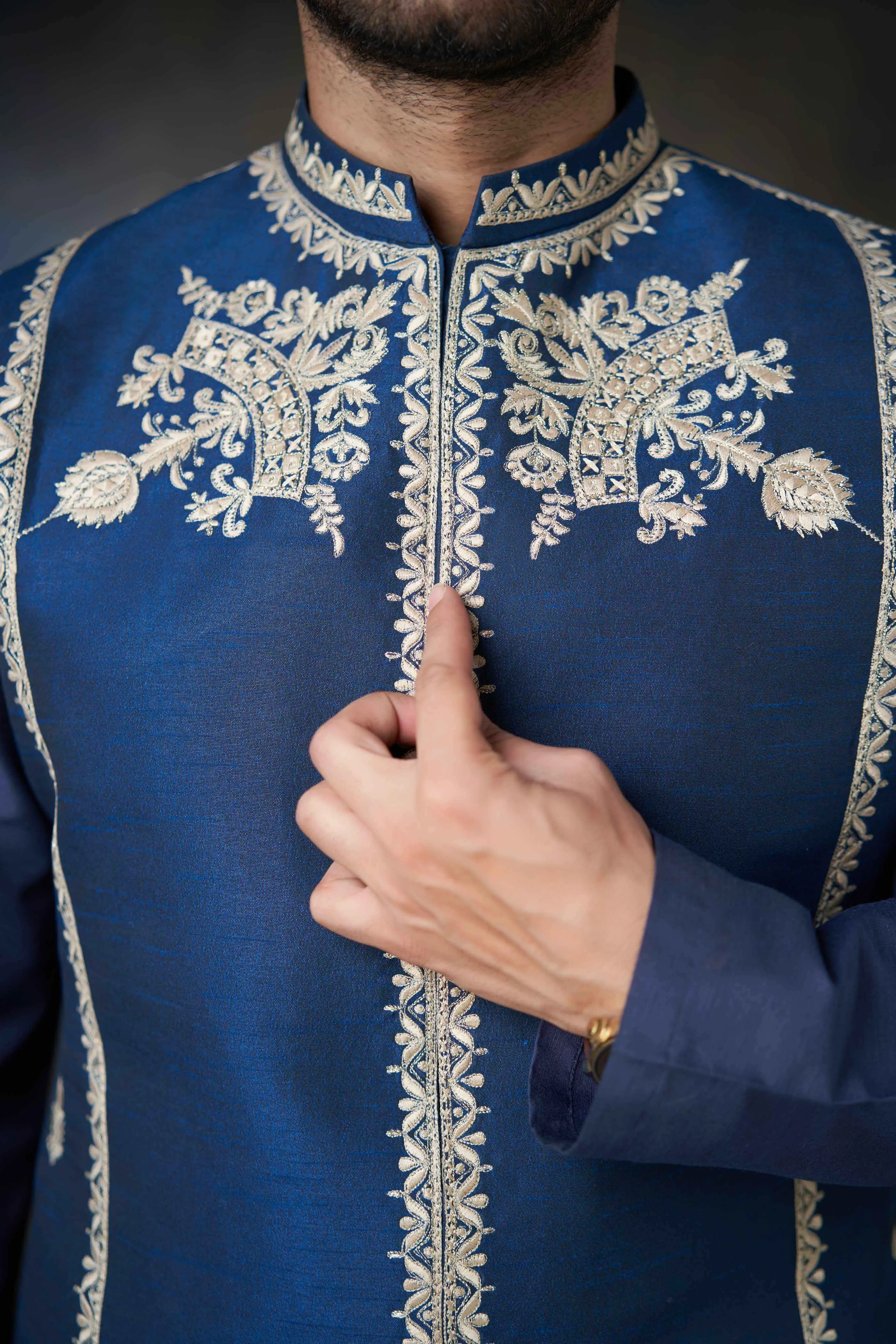 Dark Azure Blue Handcrafted Embroidered Waistcoat