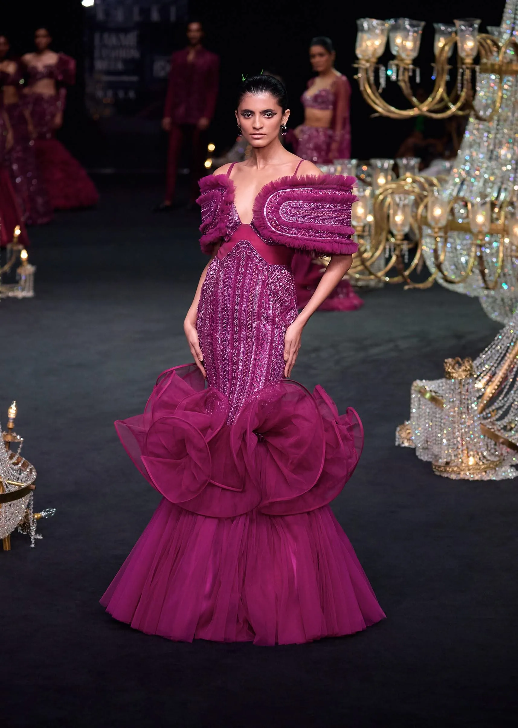 Deep Purple Organza Fish Cut Gown With 3D Ruffles