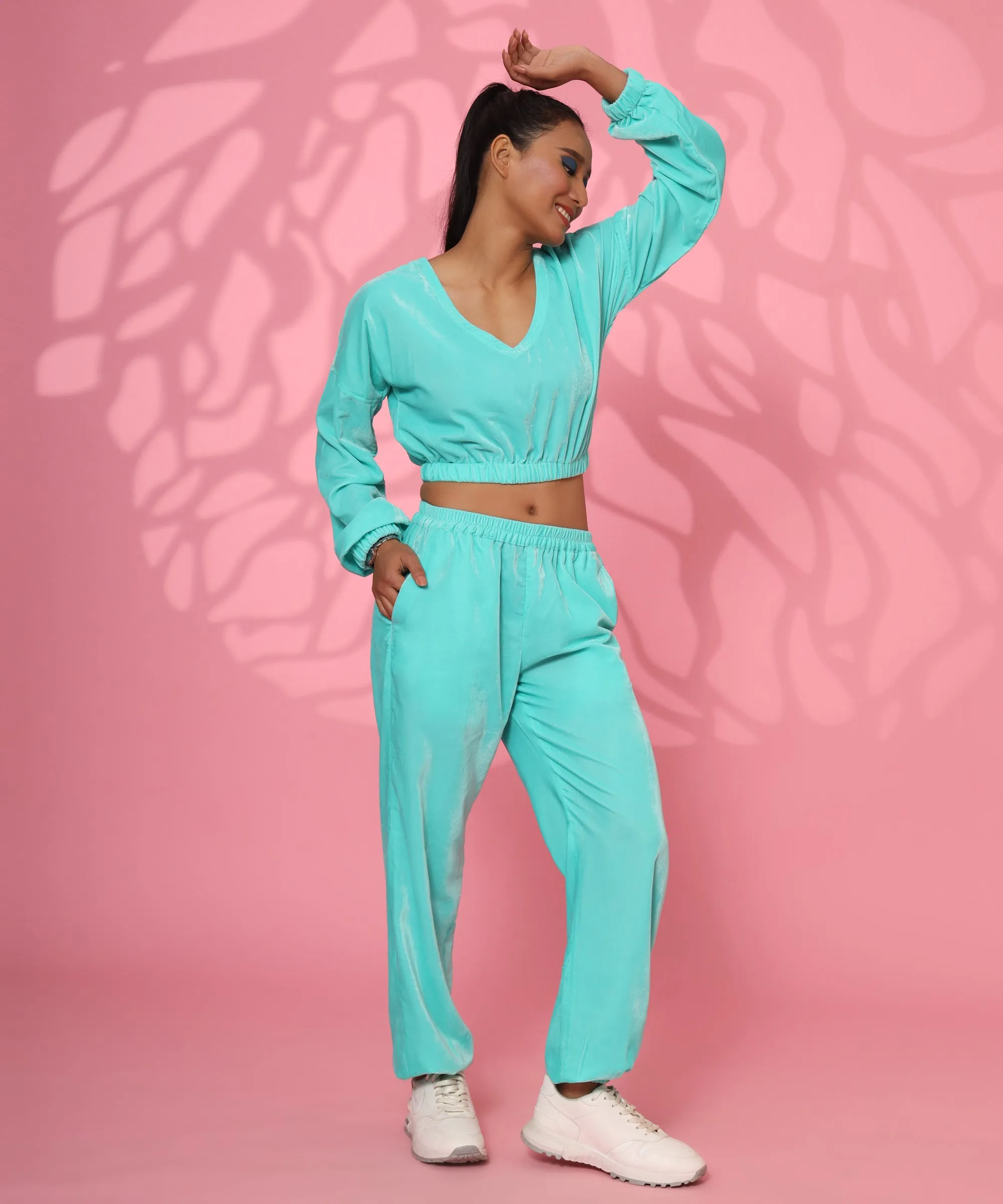 Easy Bro  Electric blue Velvet Crop Top With Joggers Coord-Set