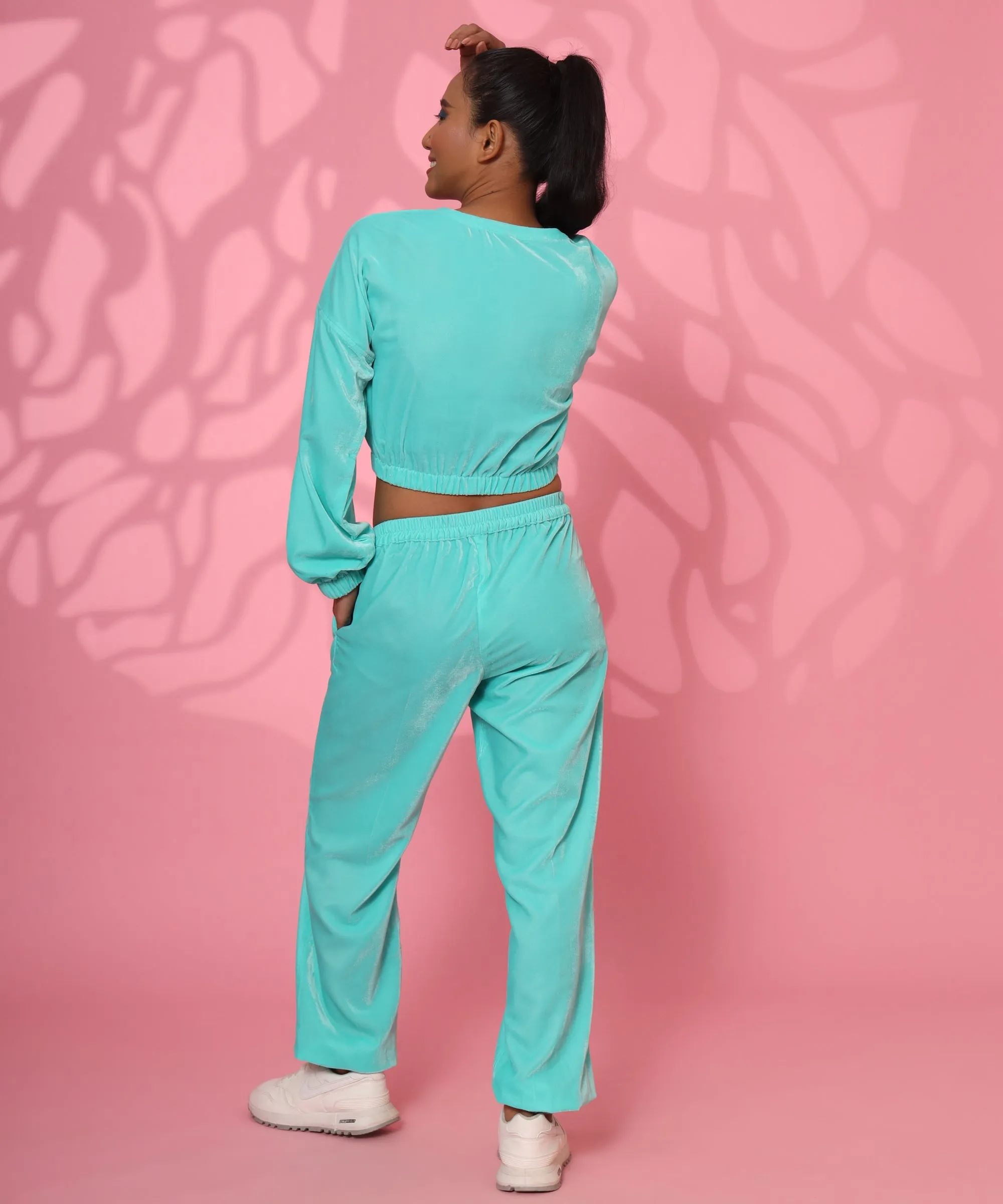 Easy Bro  Electric blue Velvet Crop Top With Joggers Coord-Set