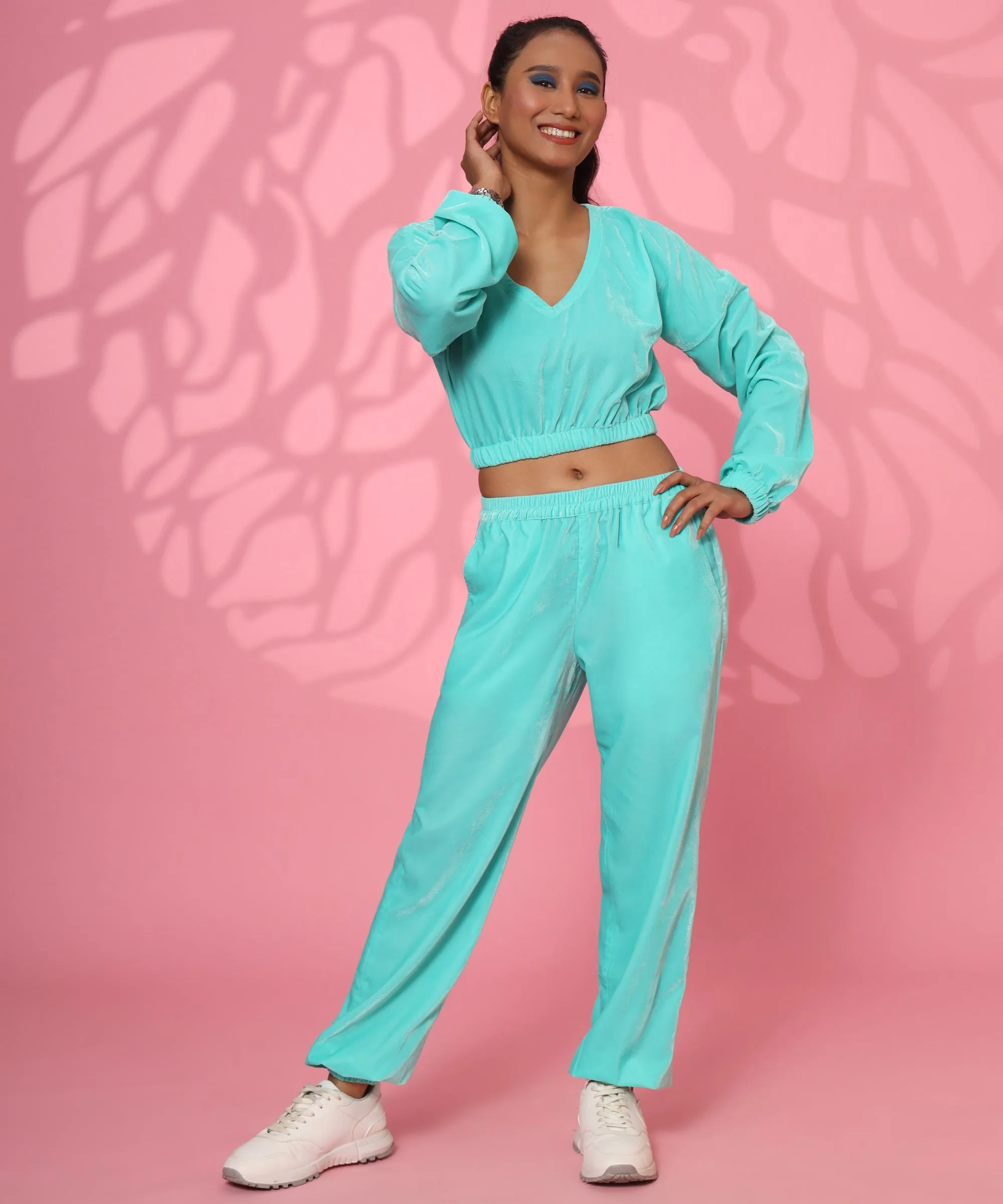 Easy Bro  Electric blue Velvet Crop Top With Joggers Coord-Set