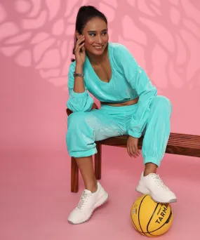 Easy Bro  Electric blue Velvet Crop Top With Joggers Coord-Set