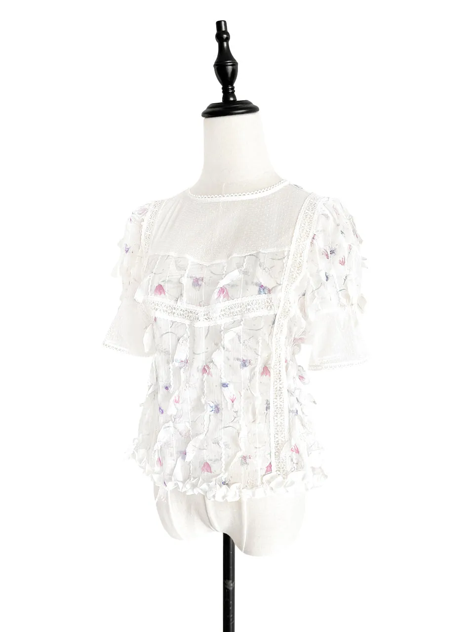 Final Sale! Floral Lace Trim Ruffle Hem Clipped Texture Blouse