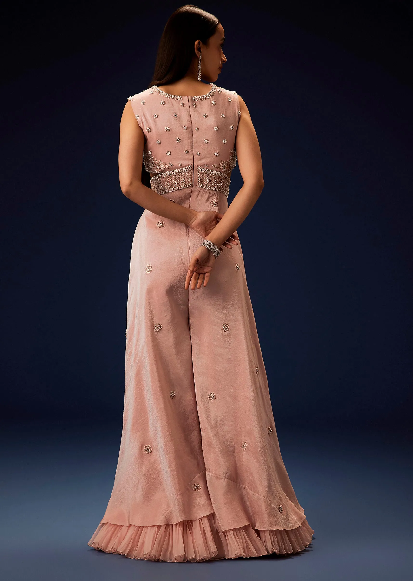 Flaming Peach Hand Embroidered Double Layer Jumpsuit