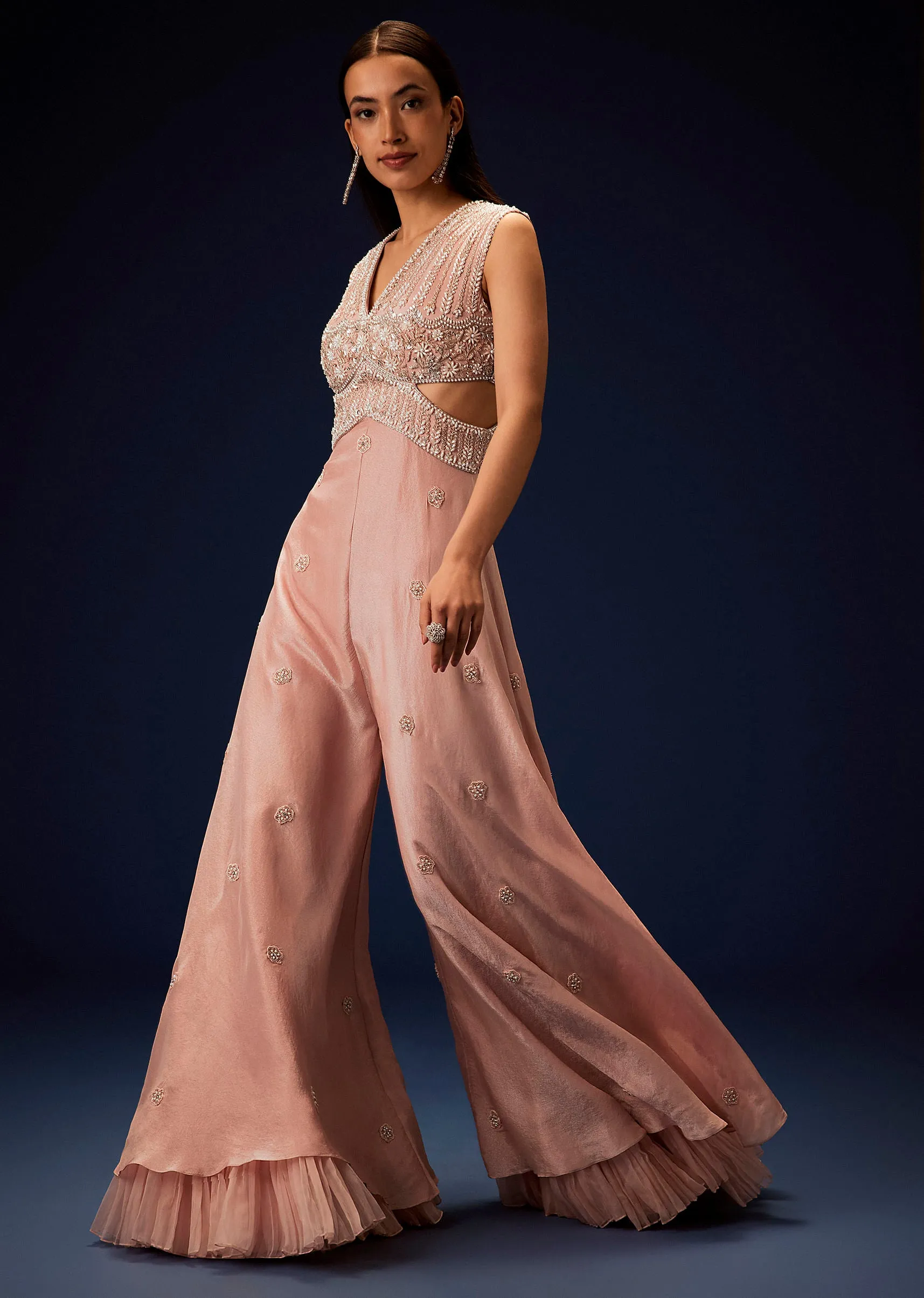 Flaming Peach Hand Embroidered Double Layer Jumpsuit
