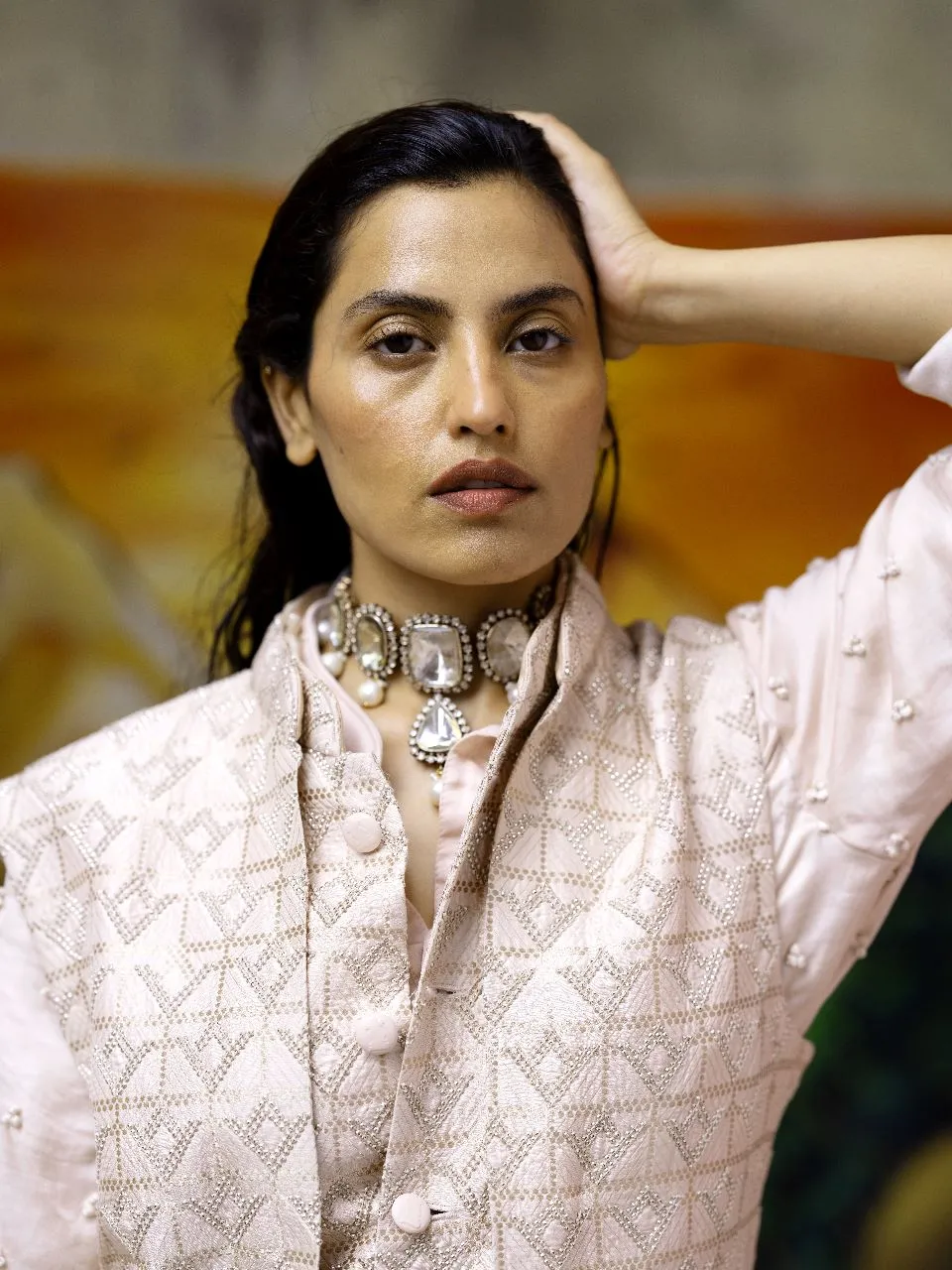 GEOMETRIC SEQUINS SLELVELESS MOCK LAYER JACKET