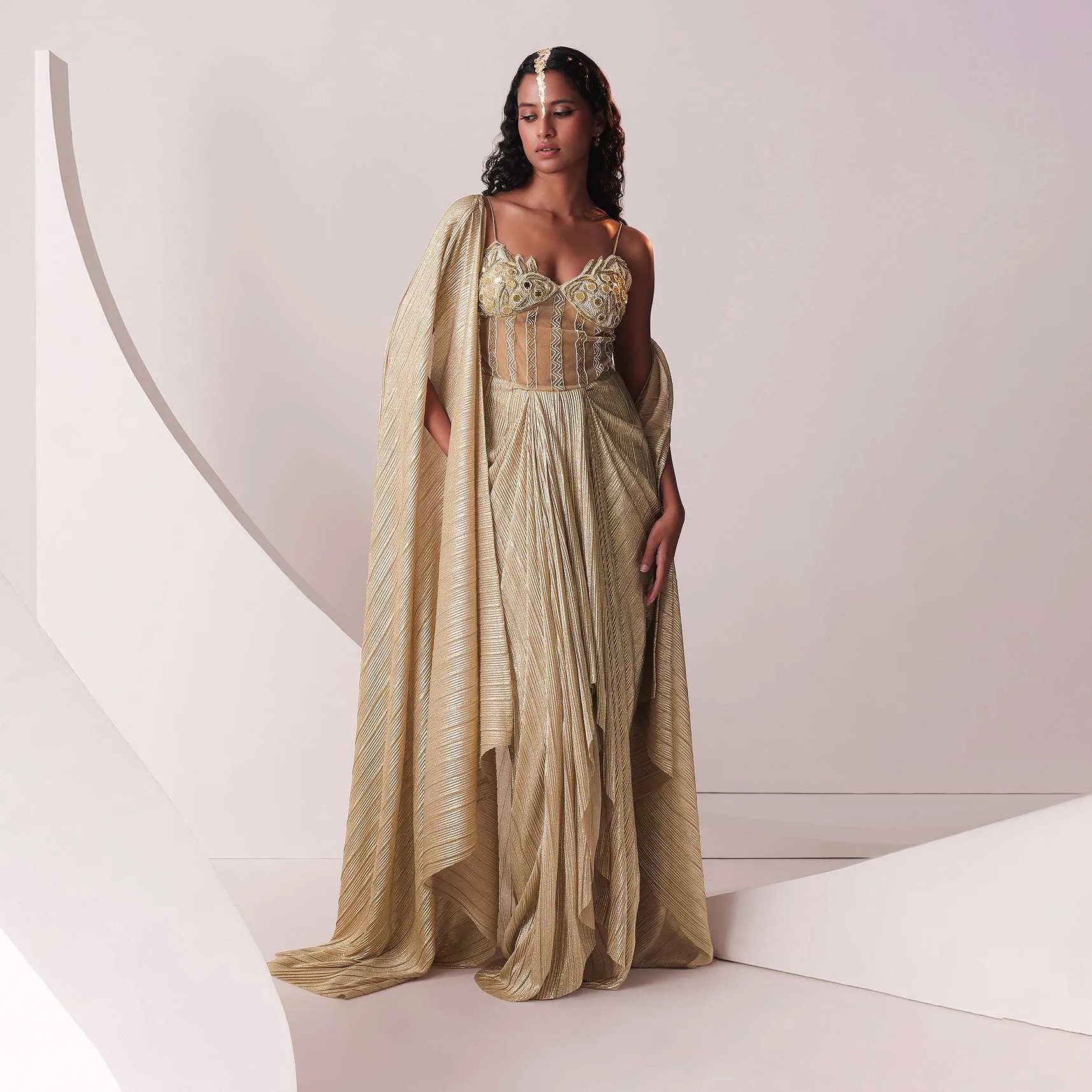 Glam Gold Embroidered Gown In Knit Stretchable Fabric With Jacket