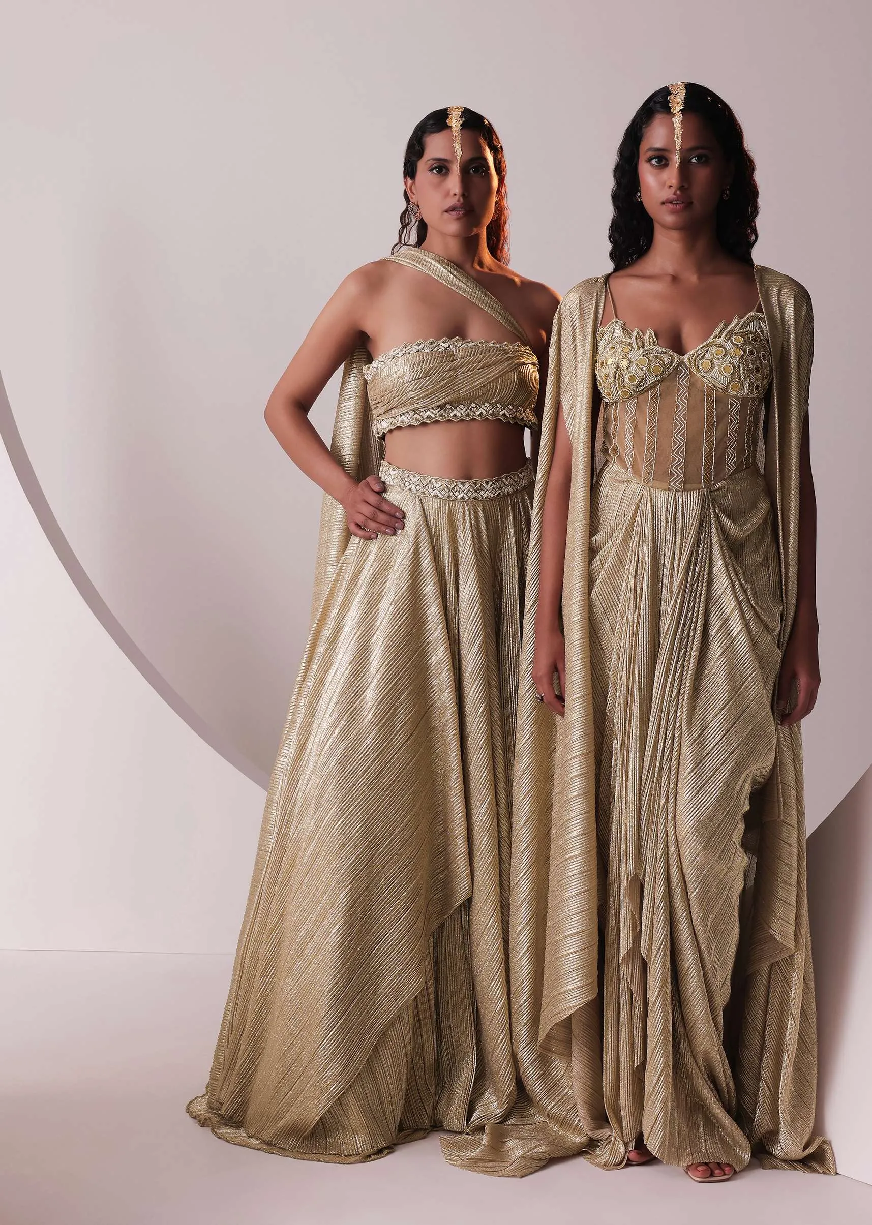 Glam Gold Embroidered Gown In Knit Stretchable Fabric With Jacket